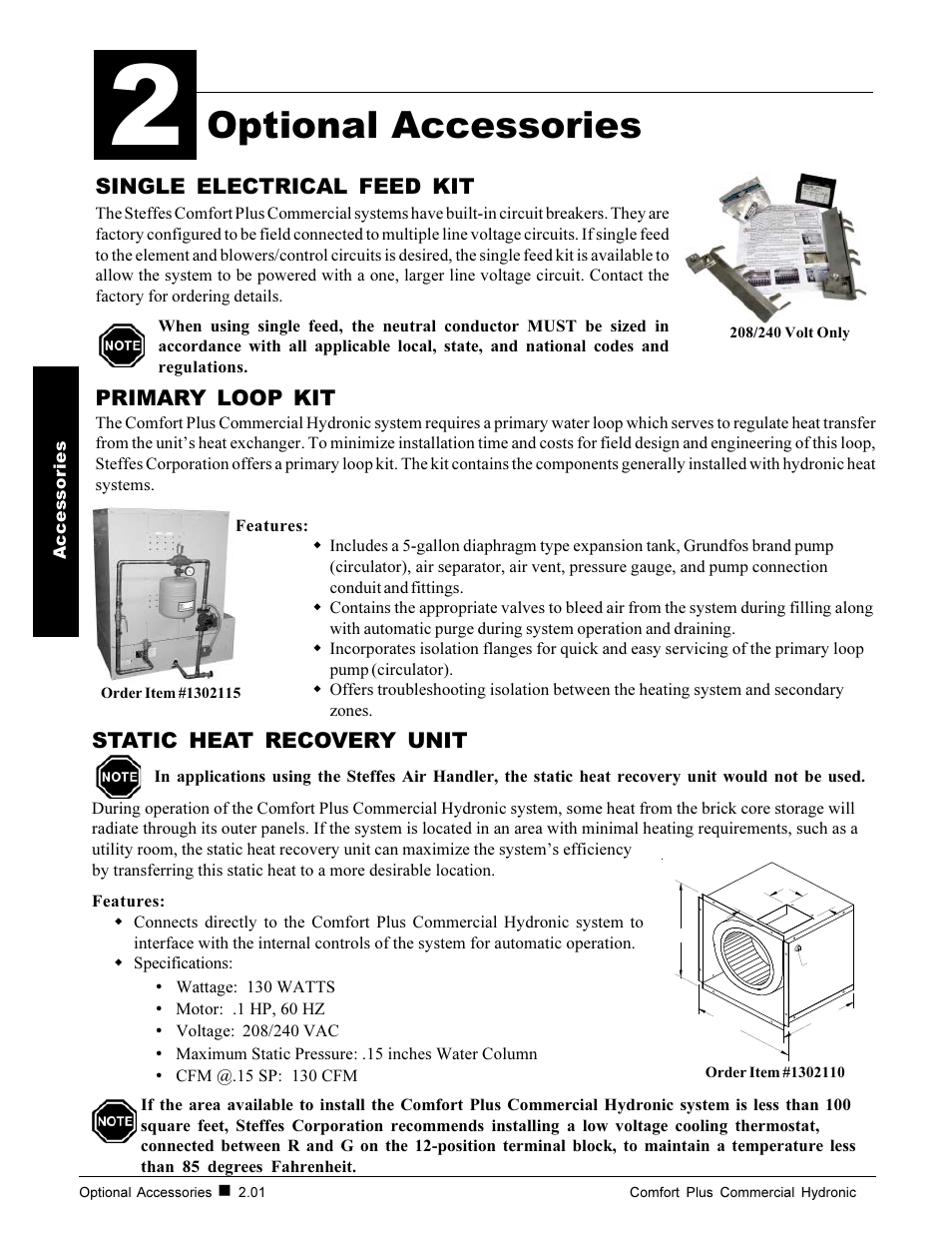 Optional accessories, Single electrical feed kit, Primary loop kit | Static heat recovery unit | Steffes 7140 User Manual | Page 8 / 46