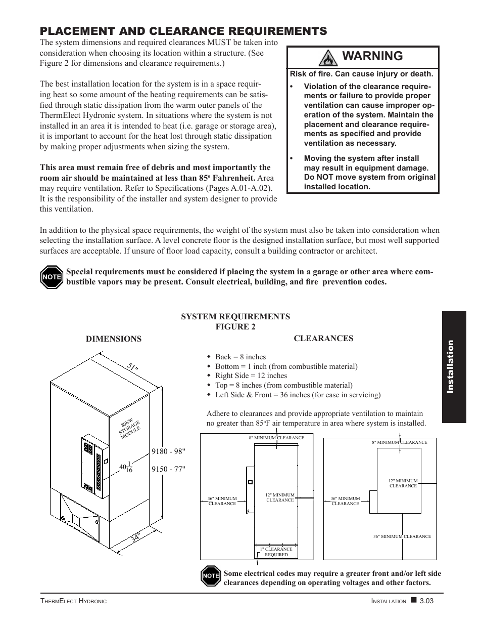 Warning, Placement and clearance requirements | Steffes 9180 User Manual | Page 13 / 36