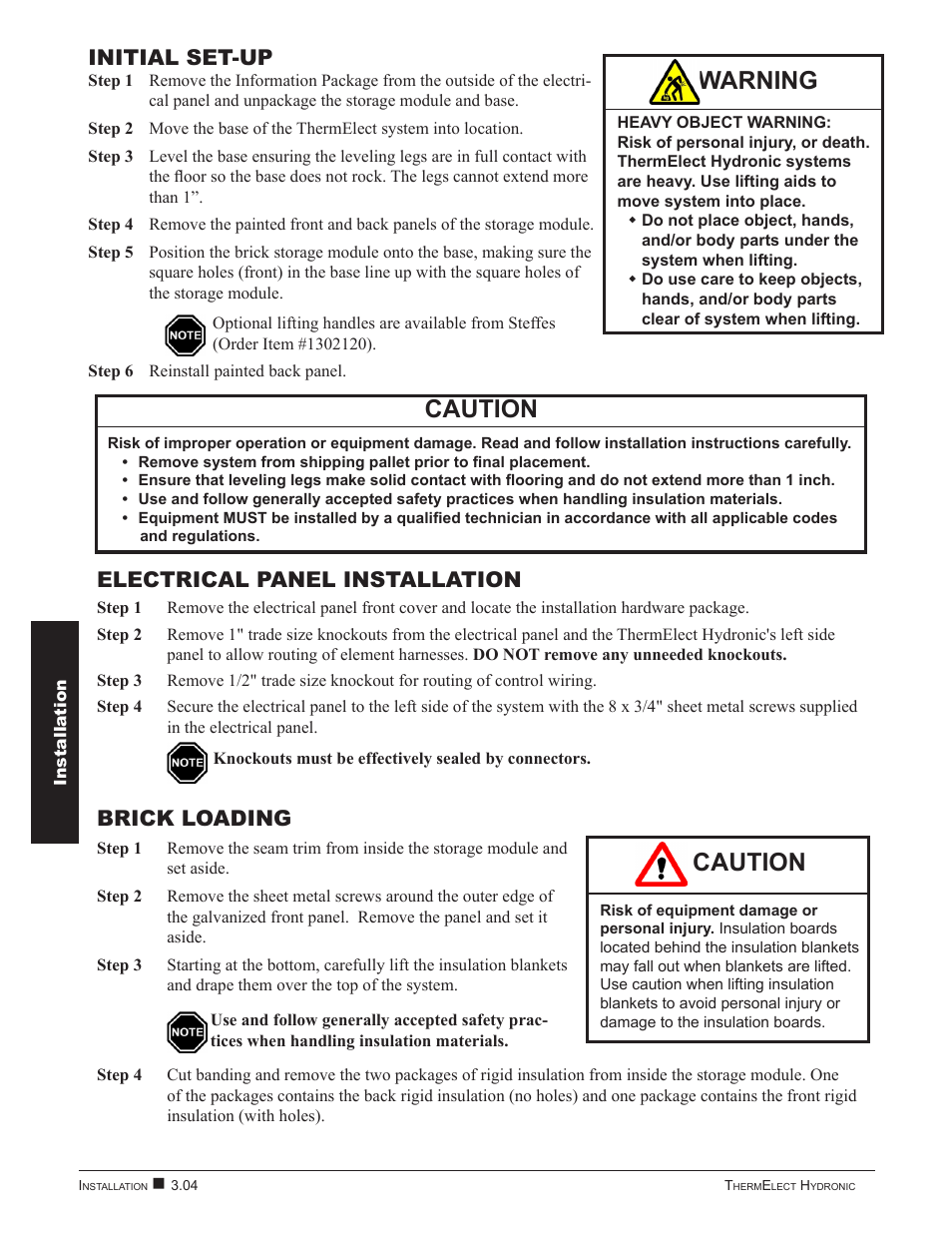 Caution, Warning, Initial set-up | Electrical panel installation, Brick loading | Steffes 9180 User Manual | Page 14 / 36