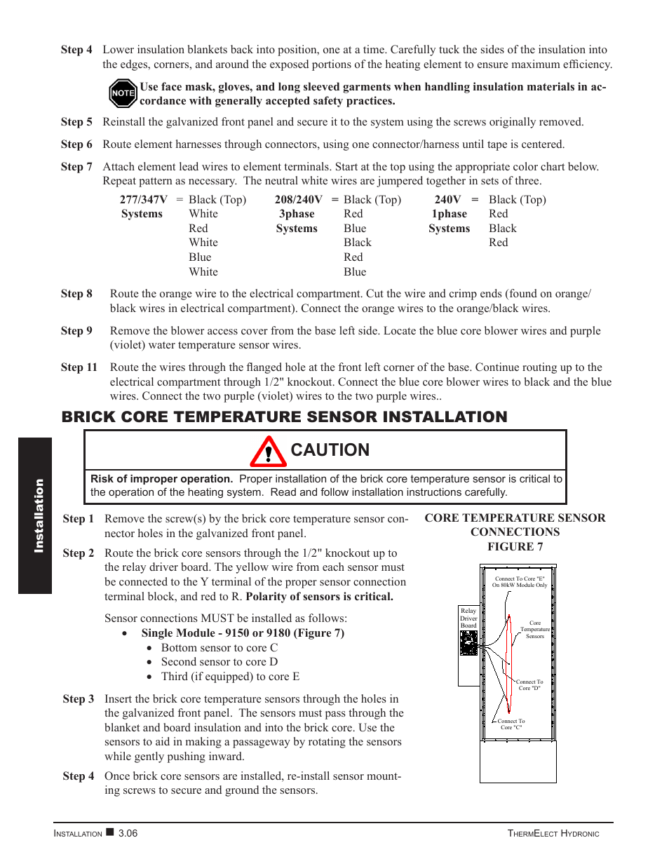 Caution, Brick core temperature sensor installation | Steffes 9180 User Manual | Page 16 / 36
