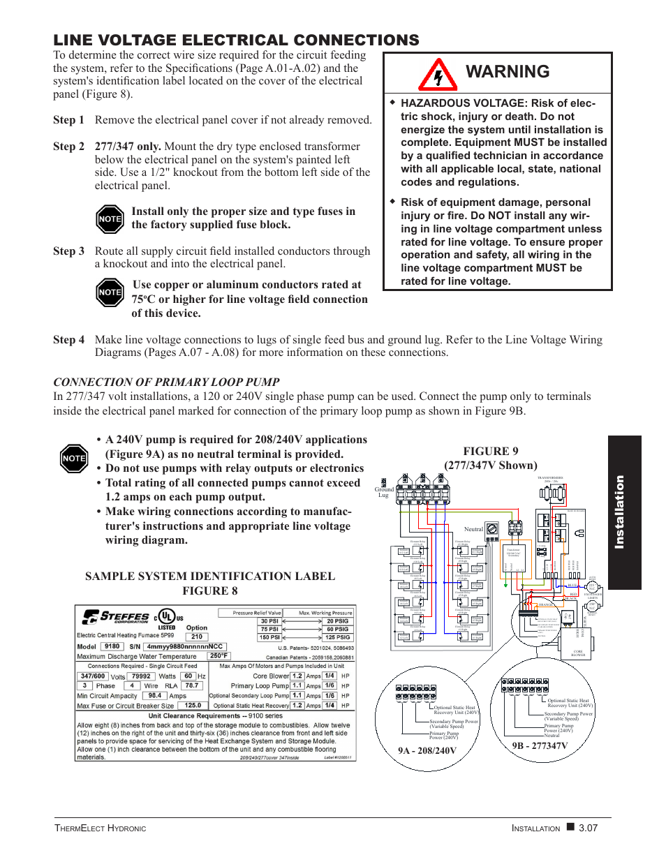 Warning, Line voltage electrical connections, Installa tion installa tion | 07 i, 06 t | Steffes 9180 User Manual | Page 17 / 36