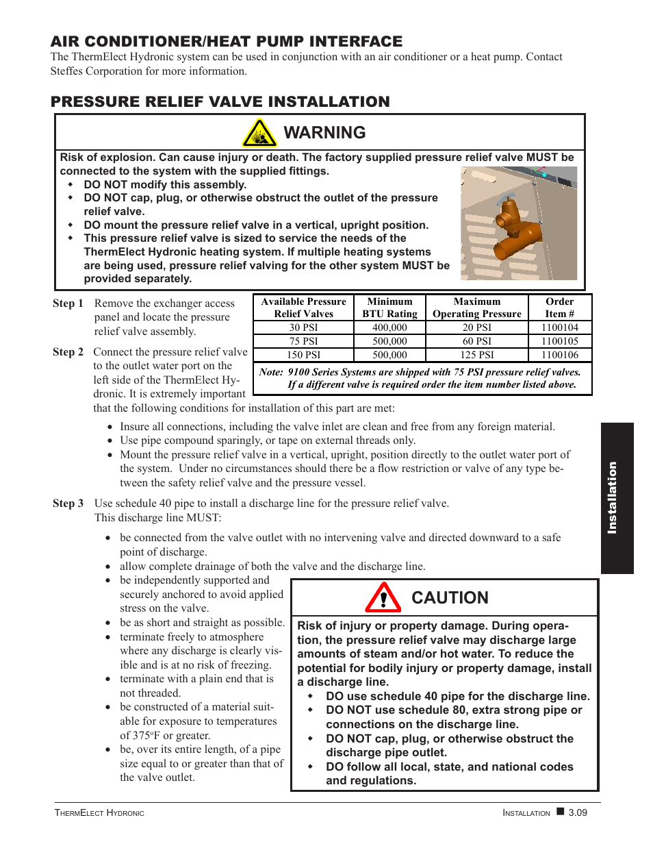 Warning, Caution, Air conditioner/heat pump interface | Pressure relief valve installation | Steffes 9180 User Manual | Page 19 / 36