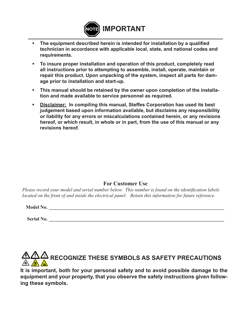 Important, Recognize these symbols as safety precautions | Steffes 9180 User Manual | Page 2 / 36