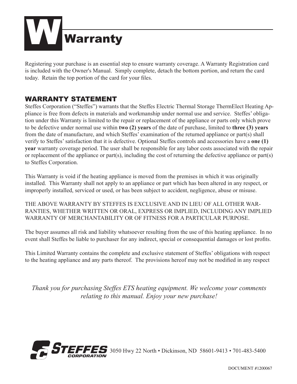 Warranty | Steffes 9180 User Manual | Page 36 / 36