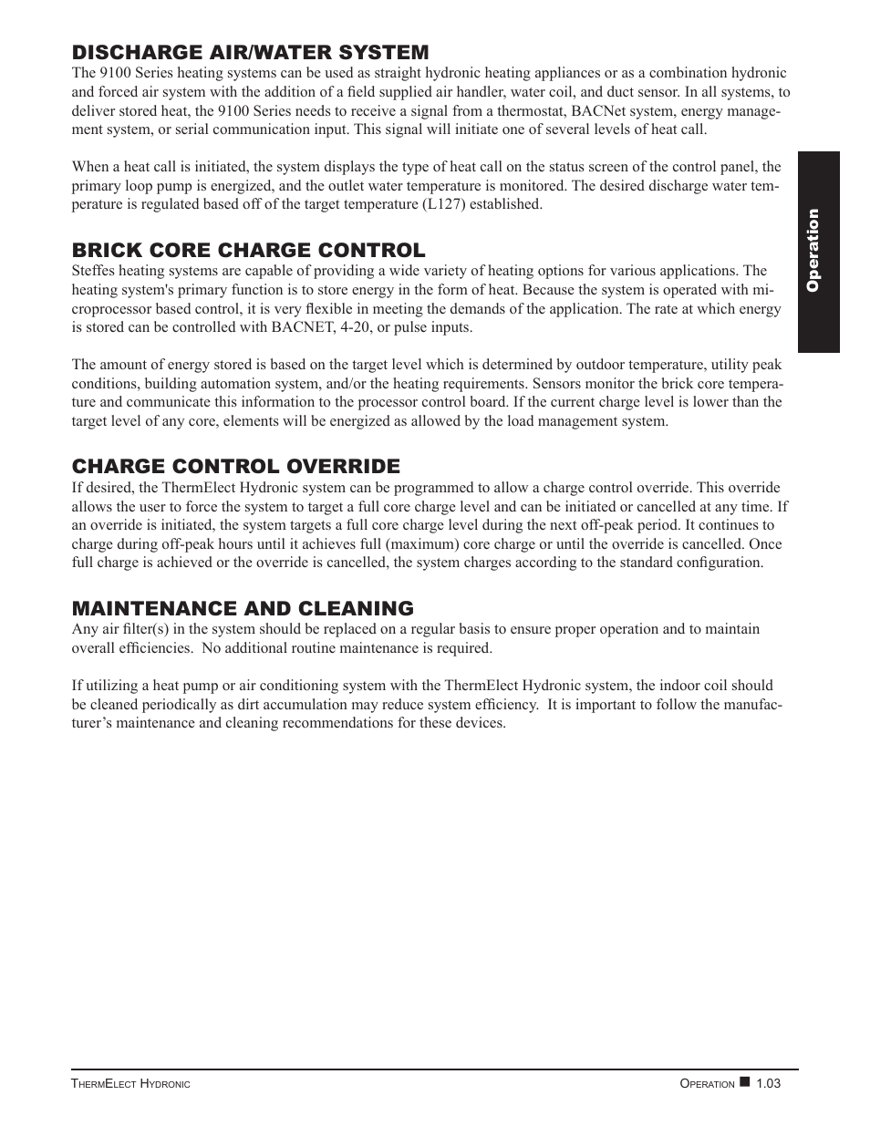 Discharge air/water system, Brick core charge control, Charge control override | Maintenance and cleaning | Steffes 9180 User Manual | Page 7 / 36