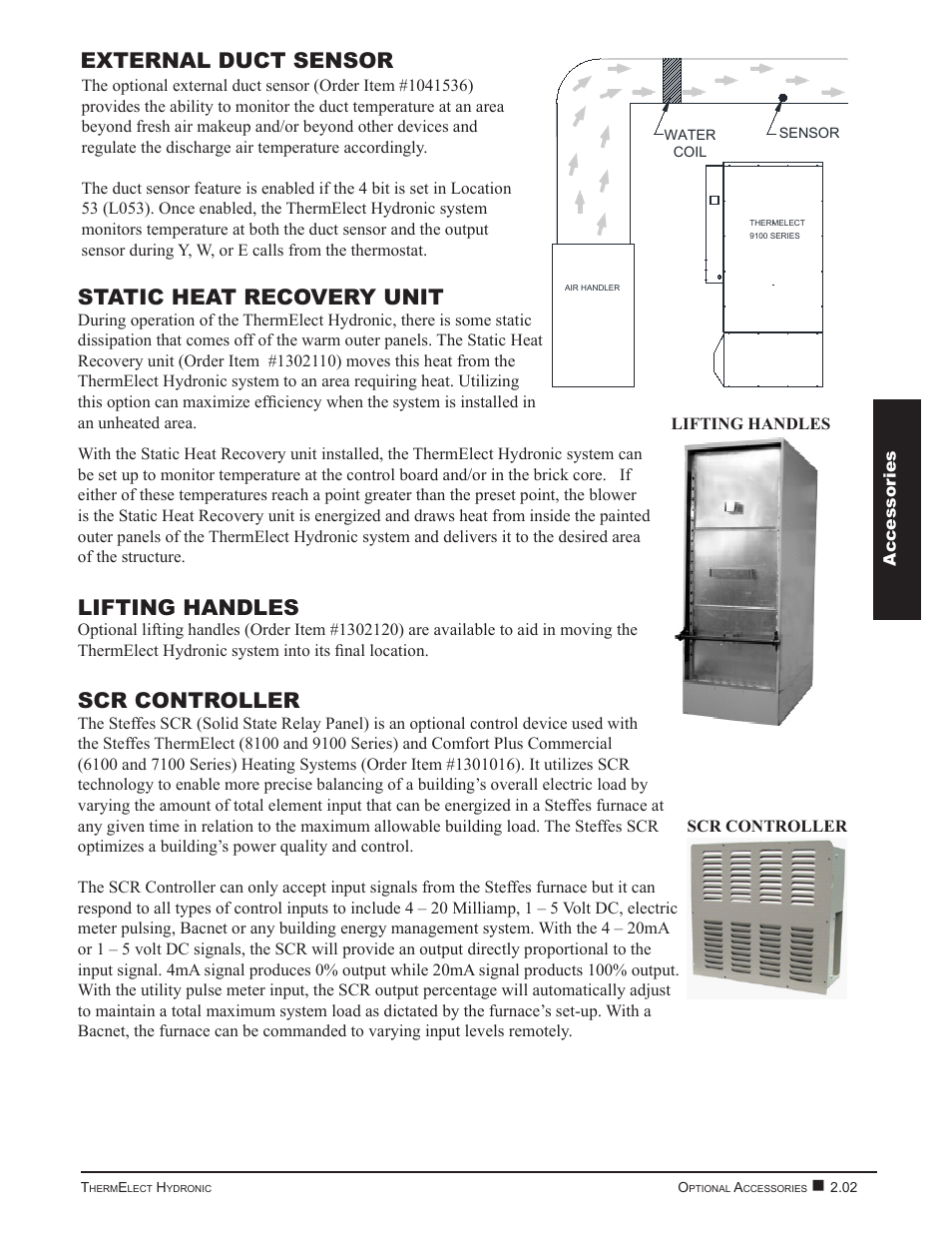 External duct sensor, Static heat recovery unit, Lifting handles | Scr controller | Steffes 9180 User Manual | Page 9 / 36