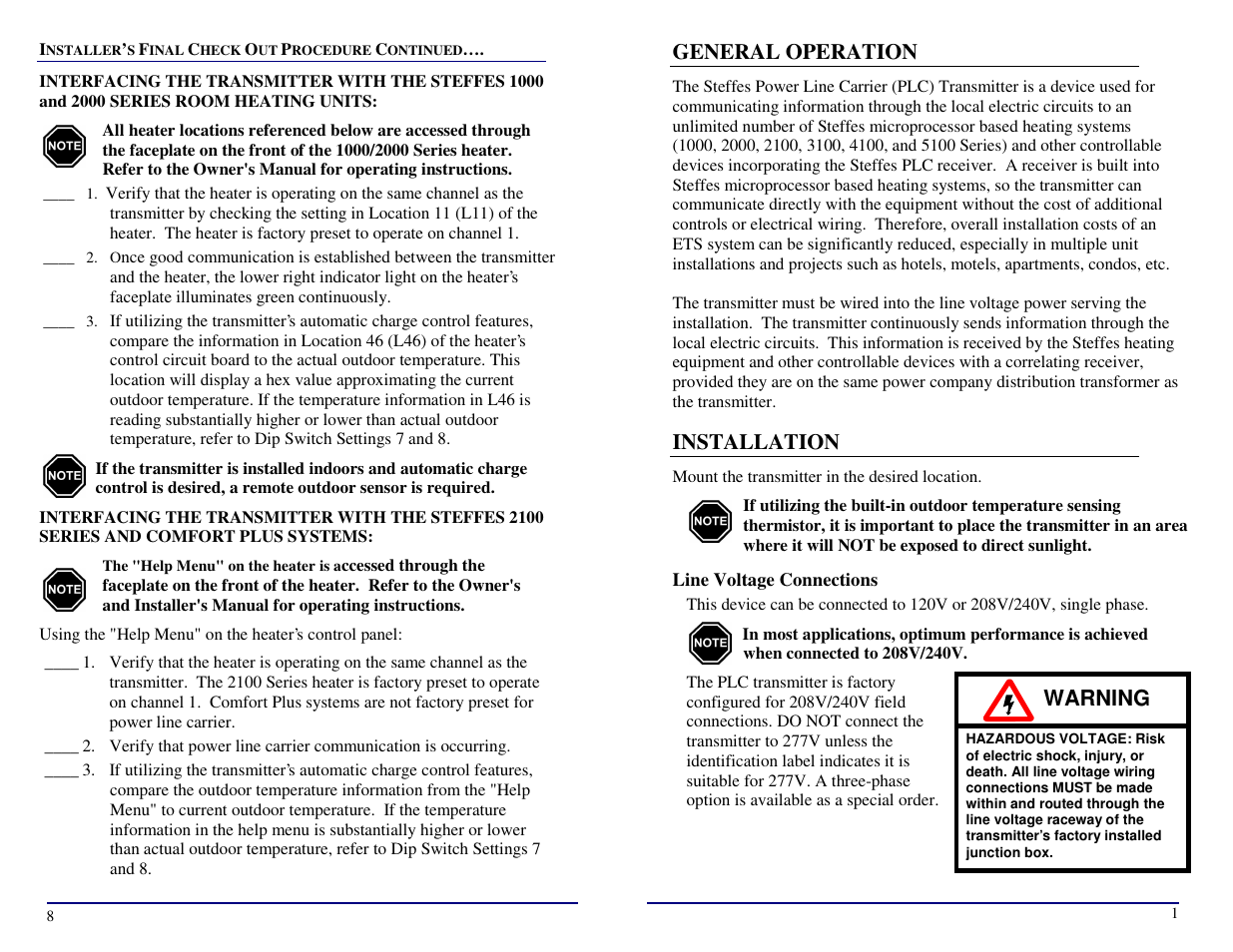 General operation, Installation, Warning | Steffes Transmitter User Manual | Page 5 / 8