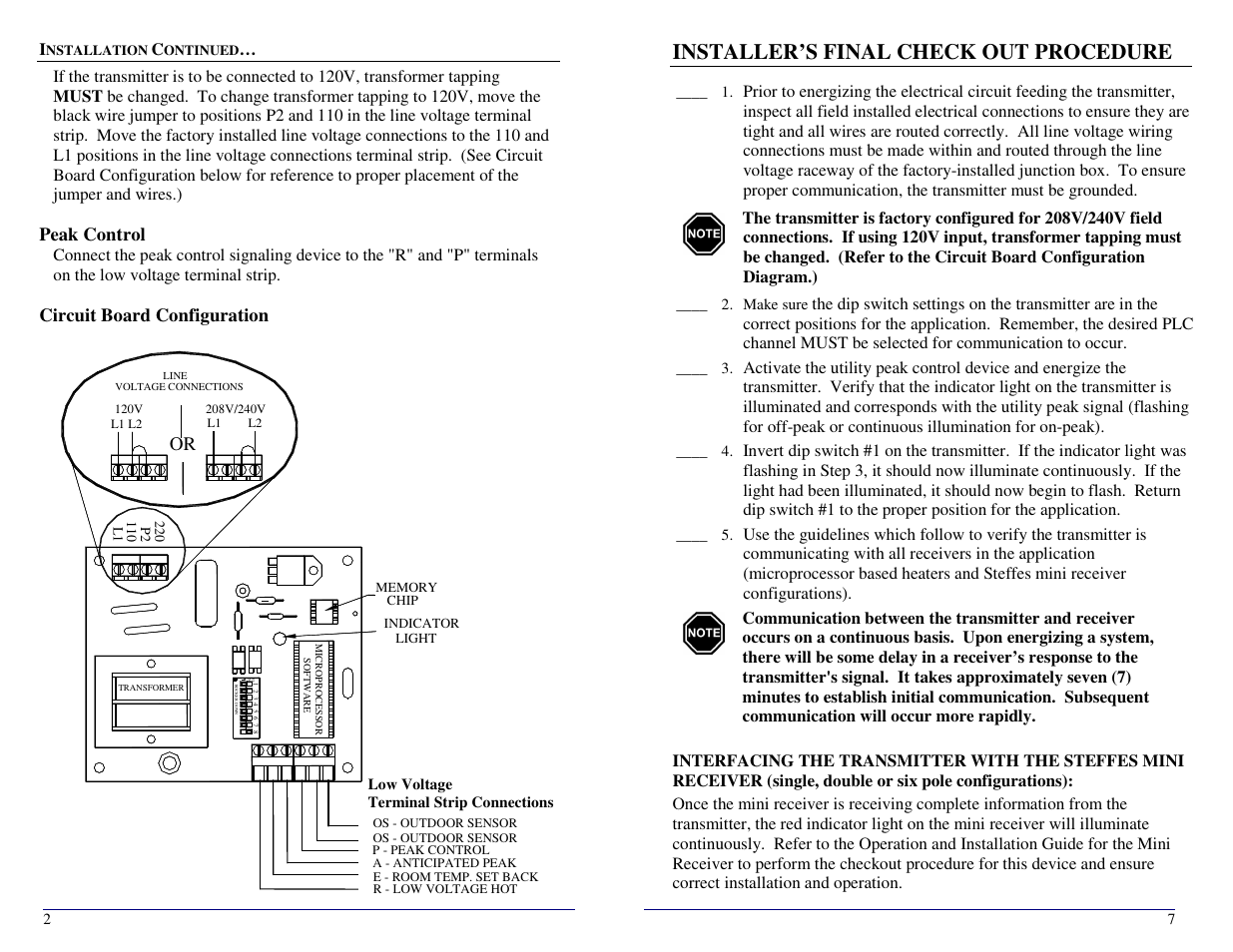 Installer’s final check out procedure, Peak control, Circuit board configuration | Steffes Transmitter User Manual | Page 6 / 8