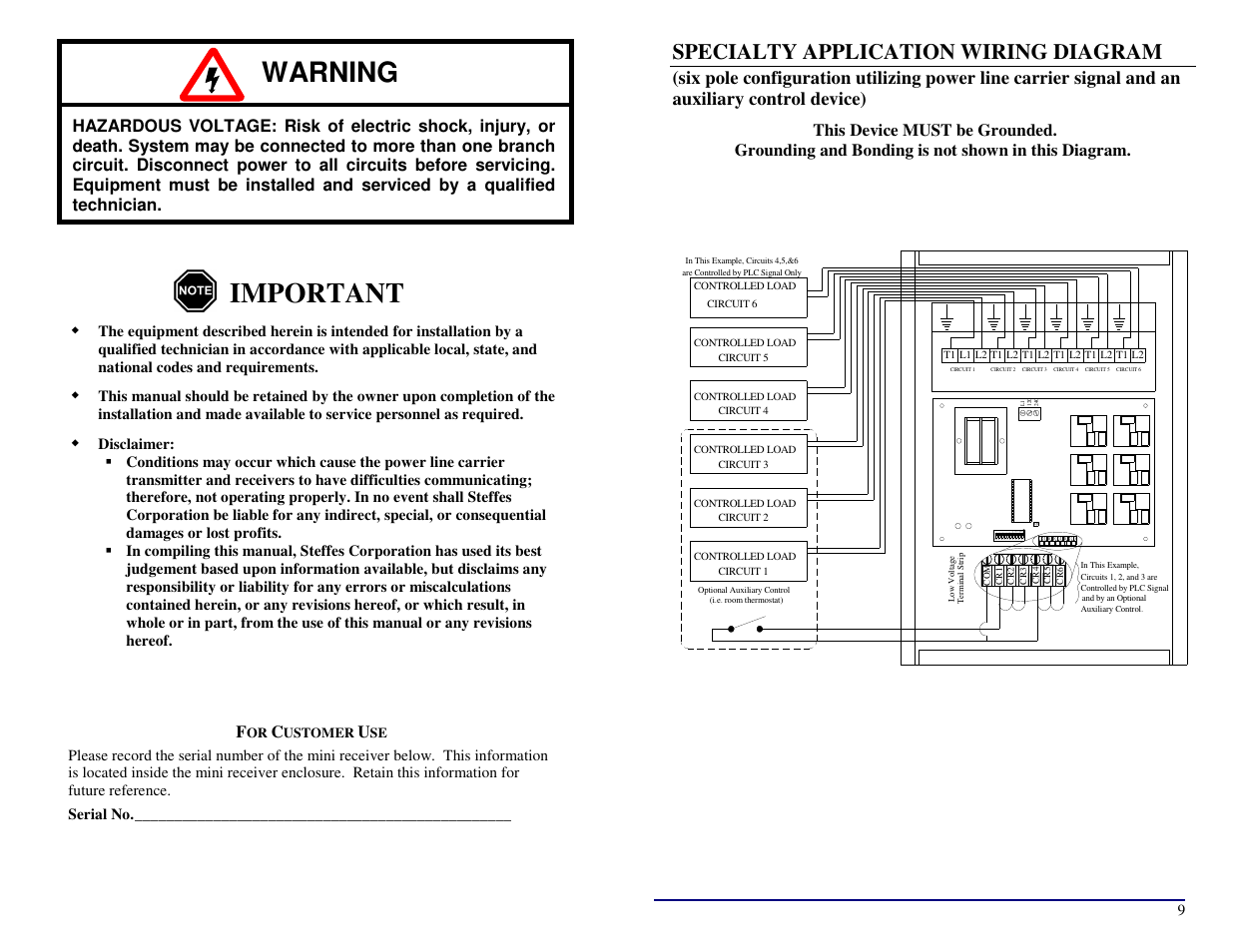 Important, Warning, Specialty application wiring diagram | Steffes Mini Receiver User Manual | Page 2 / 6