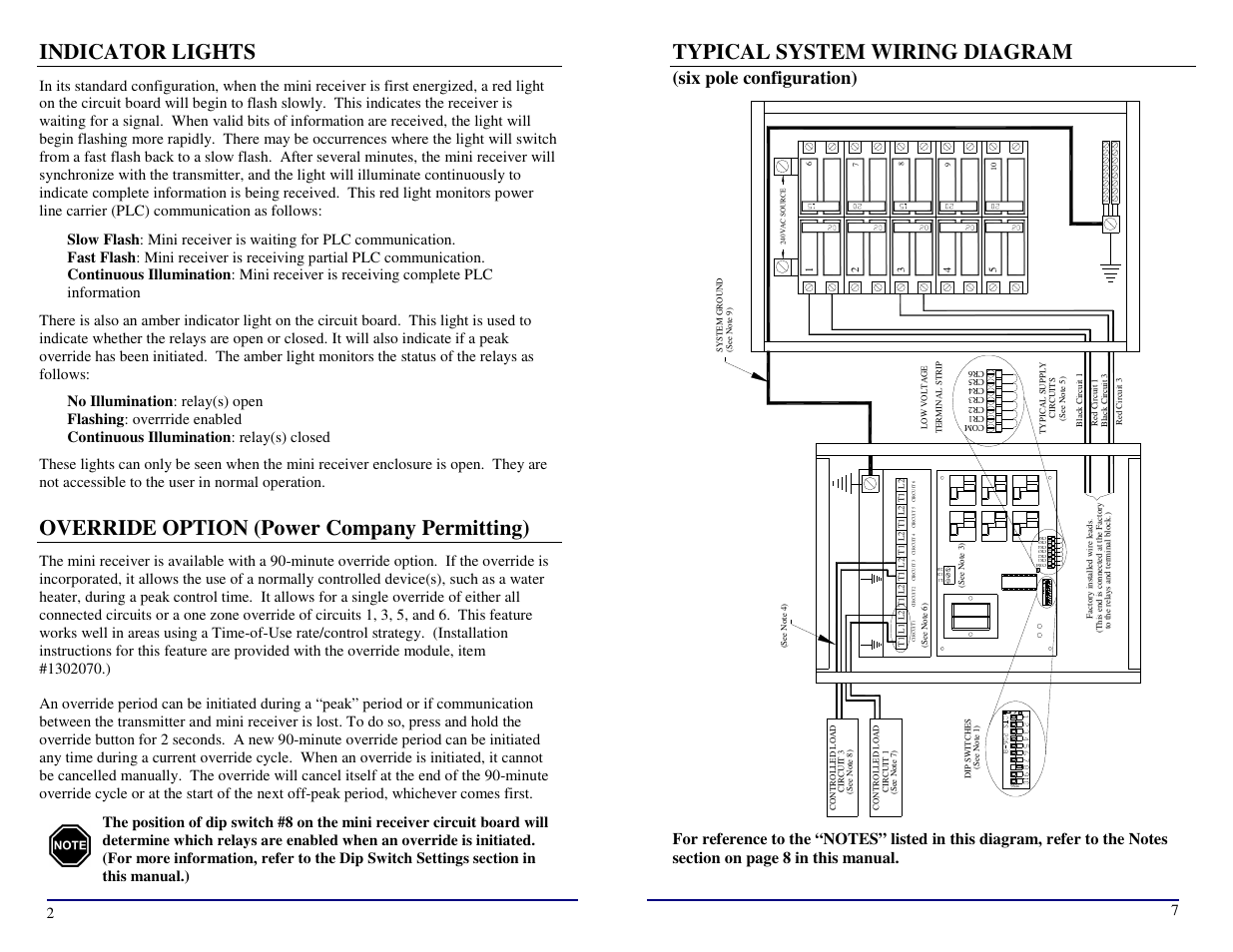 Indicator lights, Override option (power company permitting), Typical system wiring diagram | Six pole configuration) | Steffes Mini Receiver User Manual | Page 4 / 6