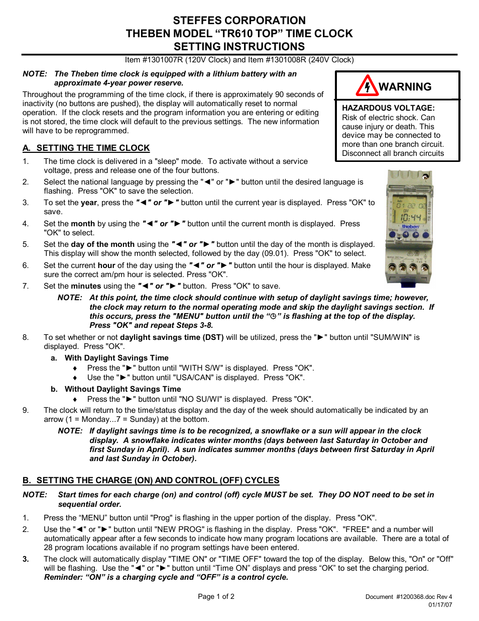 Steffes Theben TR610 TOP Time Clock User Manual | 2 pages
