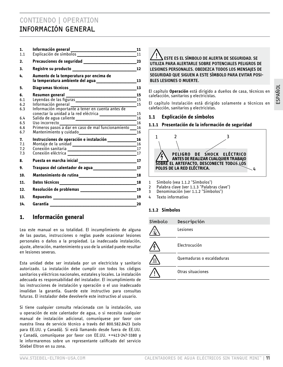 Operation, Contiendo | operation información general, Información general | STIEBEL ELTRON MINI 6-2 User Manual | Page 11 / 32