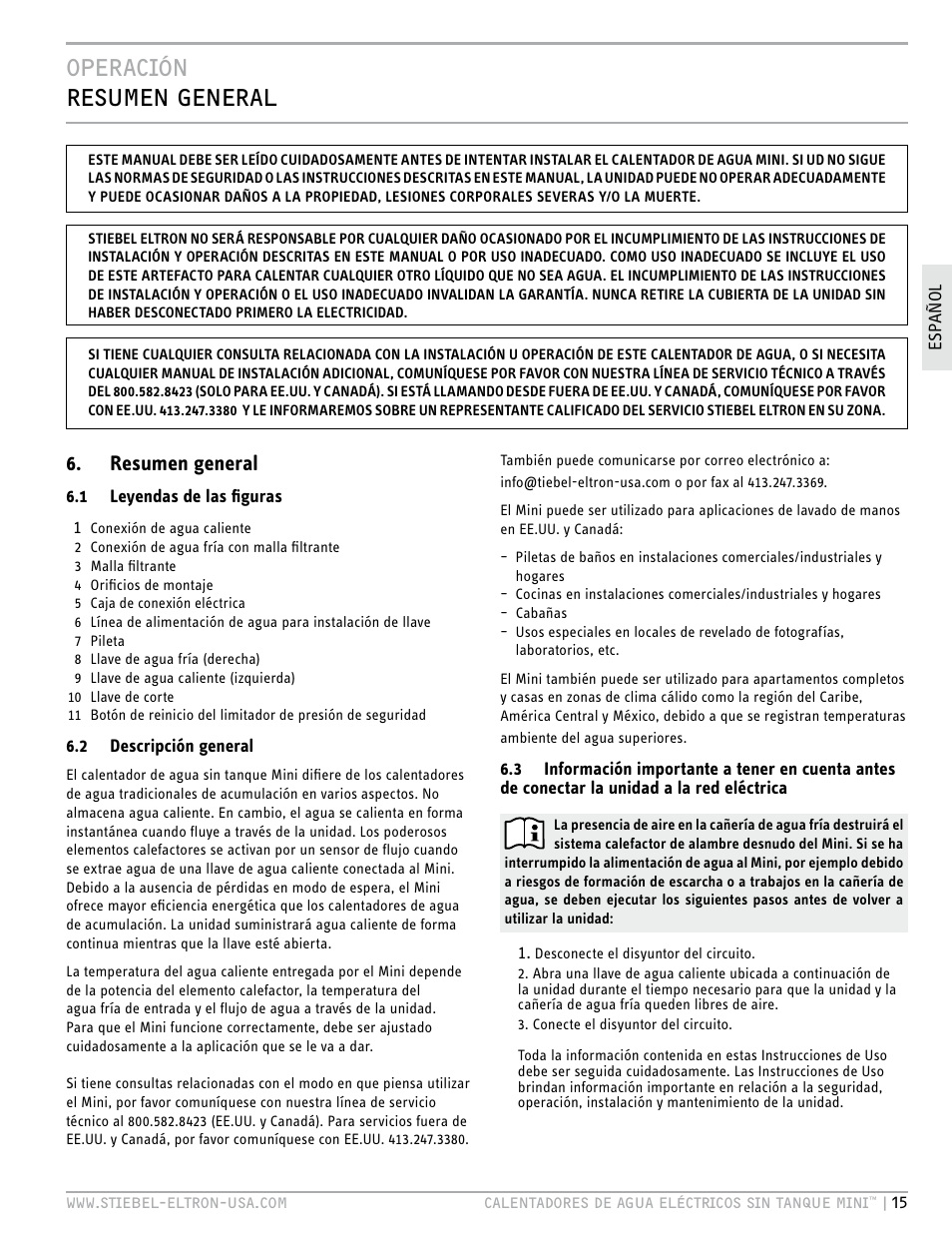 Operación resumen general, Resumen general | STIEBEL ELTRON MINI 6-2 User Manual | Page 15 / 32