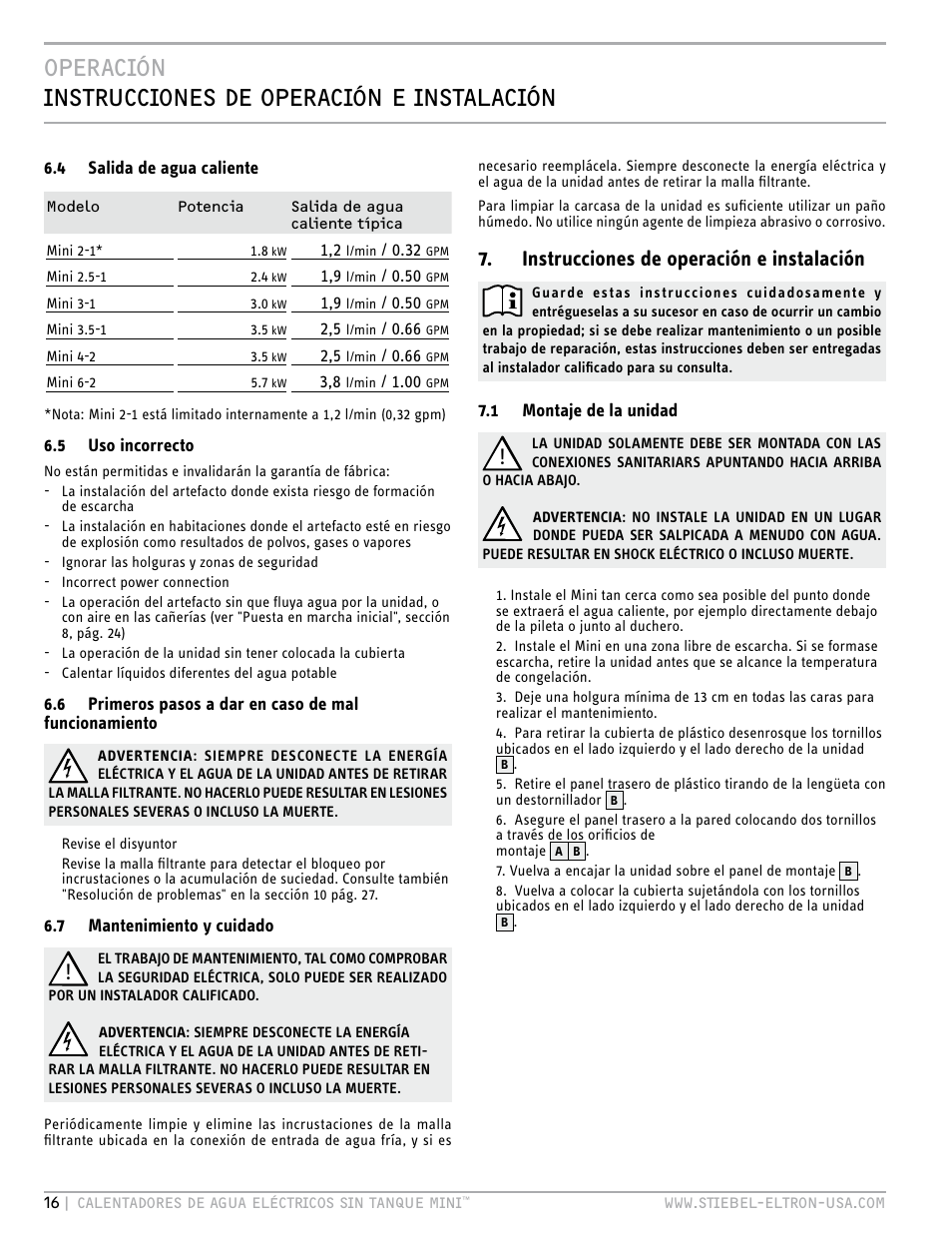 Operación instrucciones de operación e instalación, Instrucciones de operación e instalación | STIEBEL ELTRON MINI 6-2 User Manual | Page 16 / 32
