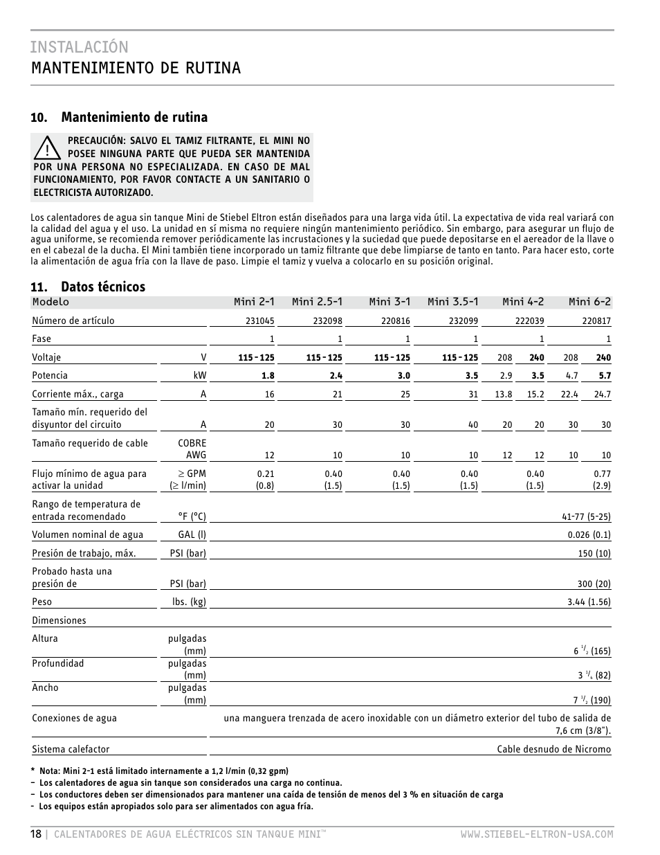 Instalación mantenimiento de rutina, Mantenimiento de rutina, Datos técnicos | STIEBEL ELTRON MINI 6-2 User Manual | Page 18 / 32