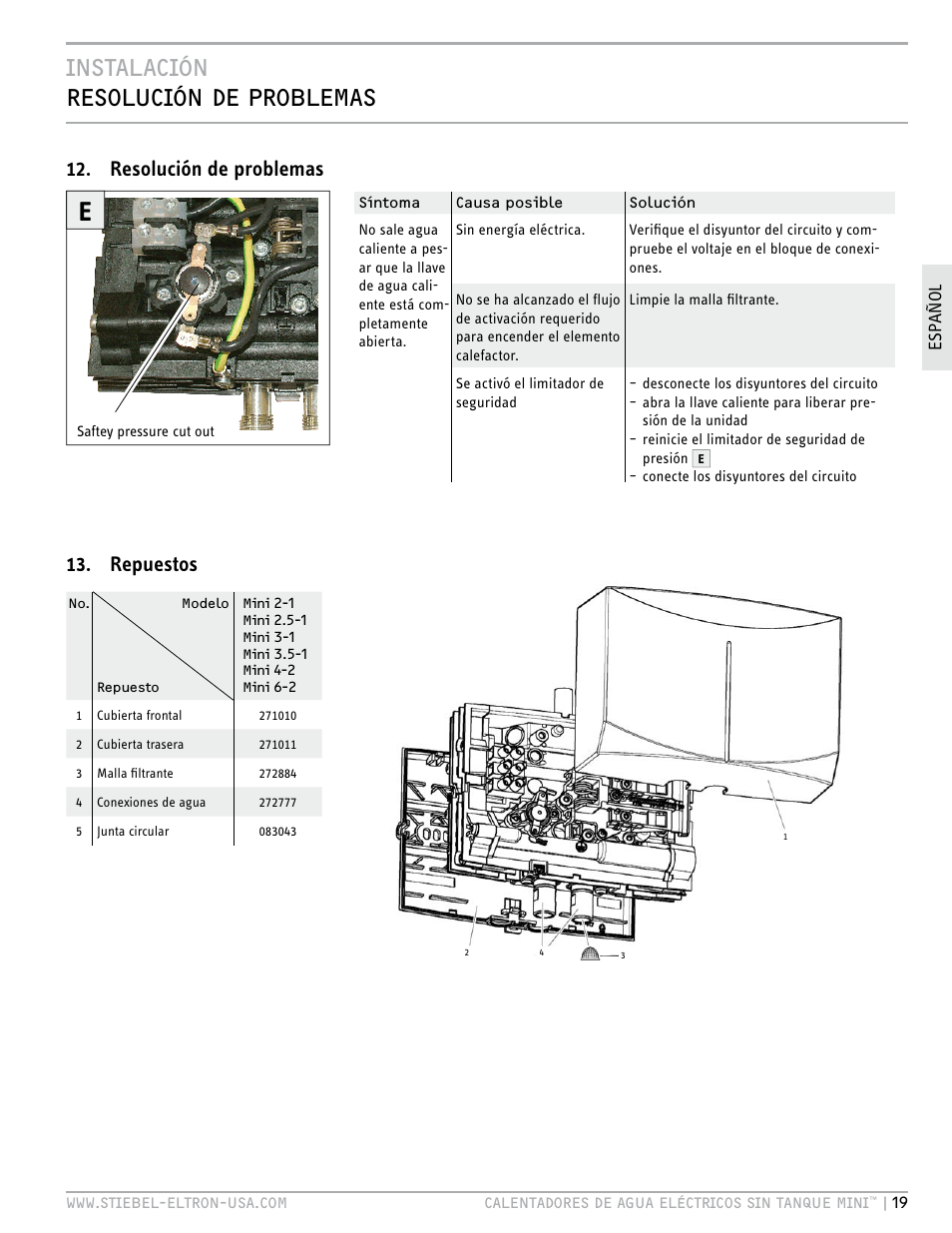 Instalación resolución de problemas, Repuestos, Resolución de problemas | STIEBEL ELTRON MINI 6-2 User Manual | Page 19 / 32