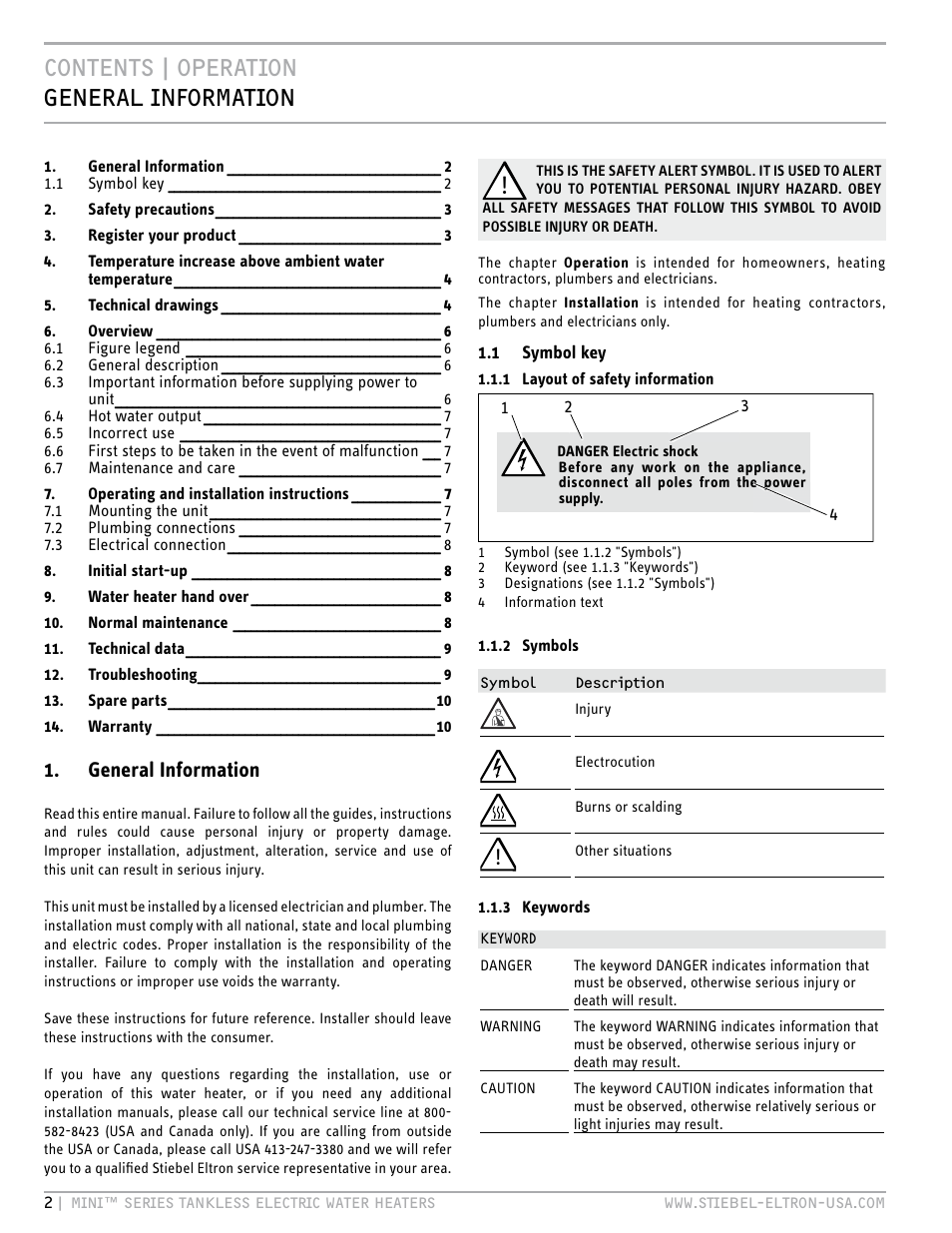 Operation, Contents | operation general information, General information | STIEBEL ELTRON MINI 6-2 User Manual | Page 2 / 32