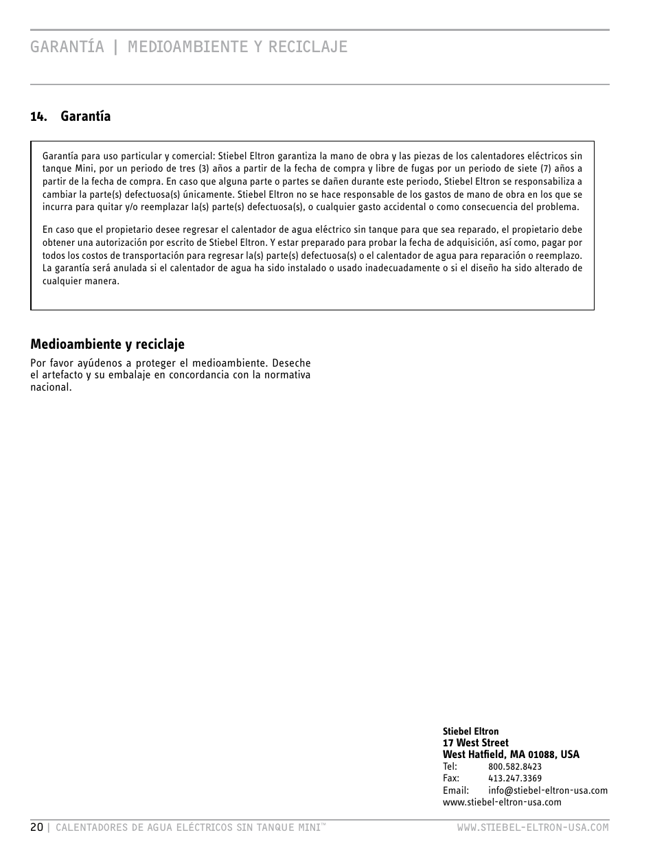 Garantía | medioambiente y reciclaje, Medioambiente y reciclaje, Garantía | STIEBEL ELTRON MINI 6-2 User Manual | Page 20 / 32
