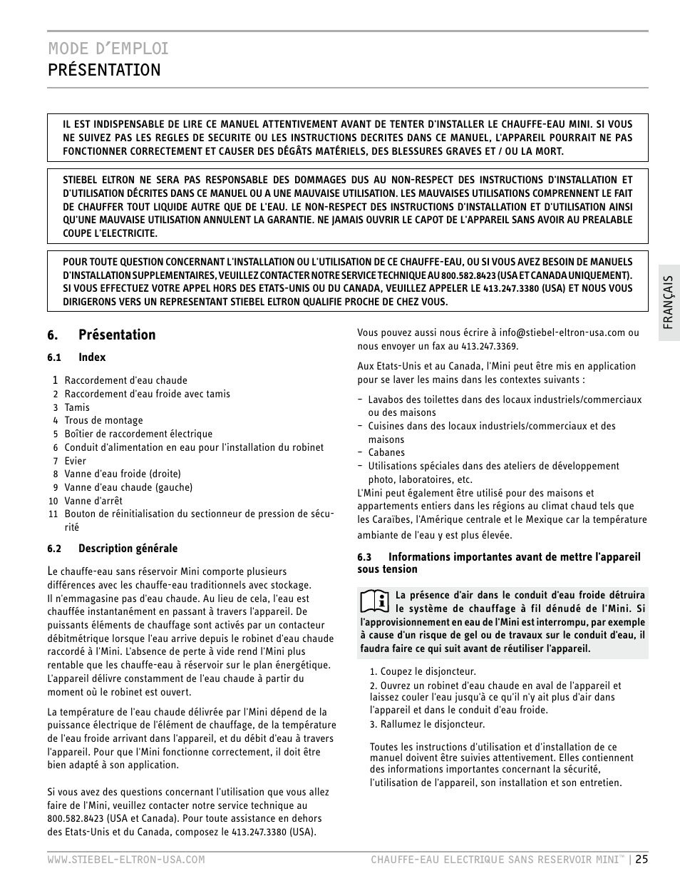Mode d’emploi présentation, Présentation | STIEBEL ELTRON MINI 6-2 User Manual | Page 25 / 32