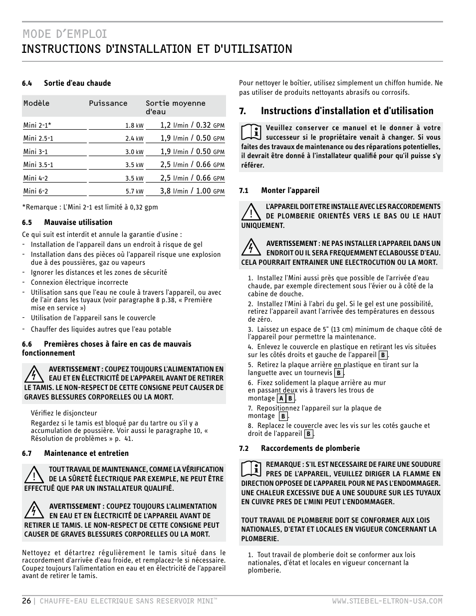 Instructions d'installation et d'utilisation | STIEBEL ELTRON MINI 6-2 User Manual | Page 26 / 32