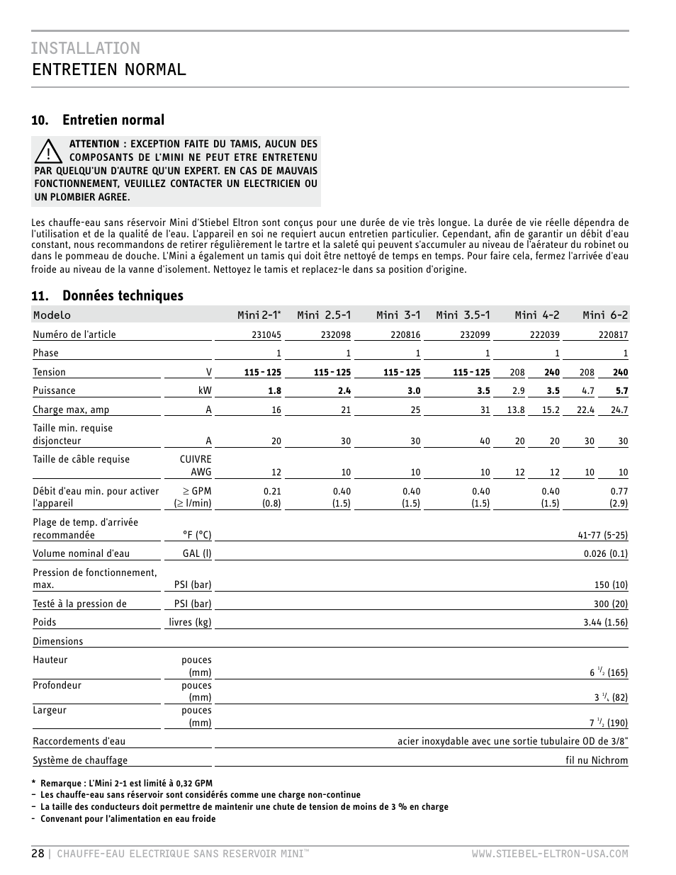Installation entretien normal, Entretien normal, Données techniques | STIEBEL ELTRON MINI 6-2 User Manual | Page 28 / 32