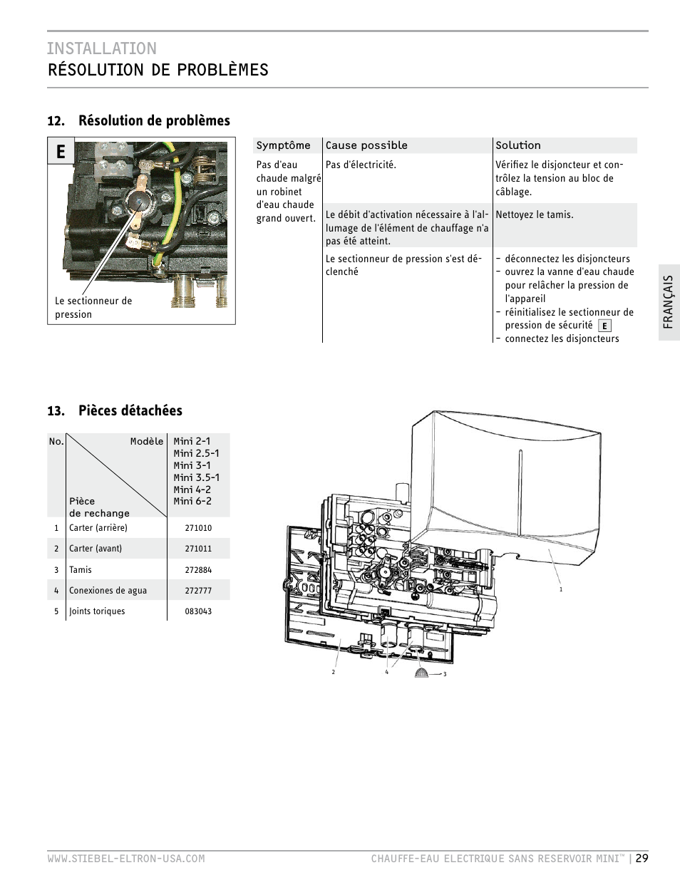 Installation résolution de problèmes, Pièces détachées, Résolution de problèmes | STIEBEL ELTRON MINI 6-2 User Manual | Page 29 / 32