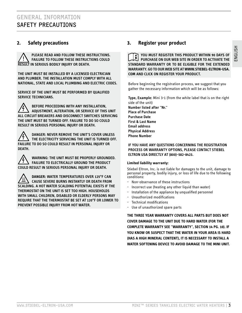 General information safety precautions | STIEBEL ELTRON MINI 6-2 User Manual | Page 3 / 32