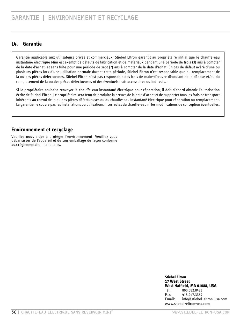 Garantie | environnement et recyclage, Environnement et recyclage, Garantie | STIEBEL ELTRON MINI 6-2 User Manual | Page 30 / 32