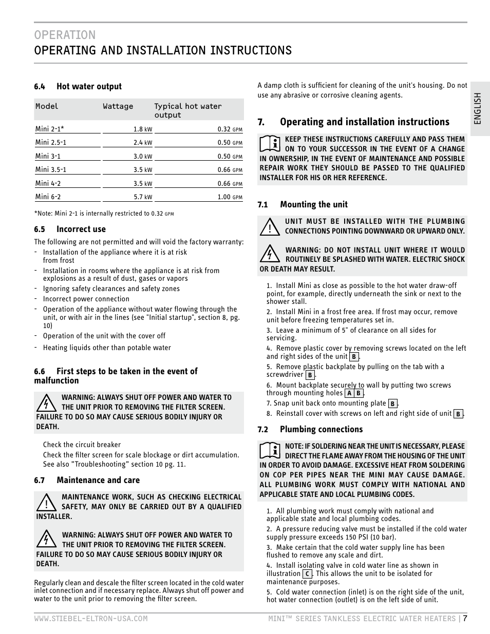 Operation operating and installation instructions, Operating and installation instructions | STIEBEL ELTRON MINI 6-2 User Manual | Page 7 / 32