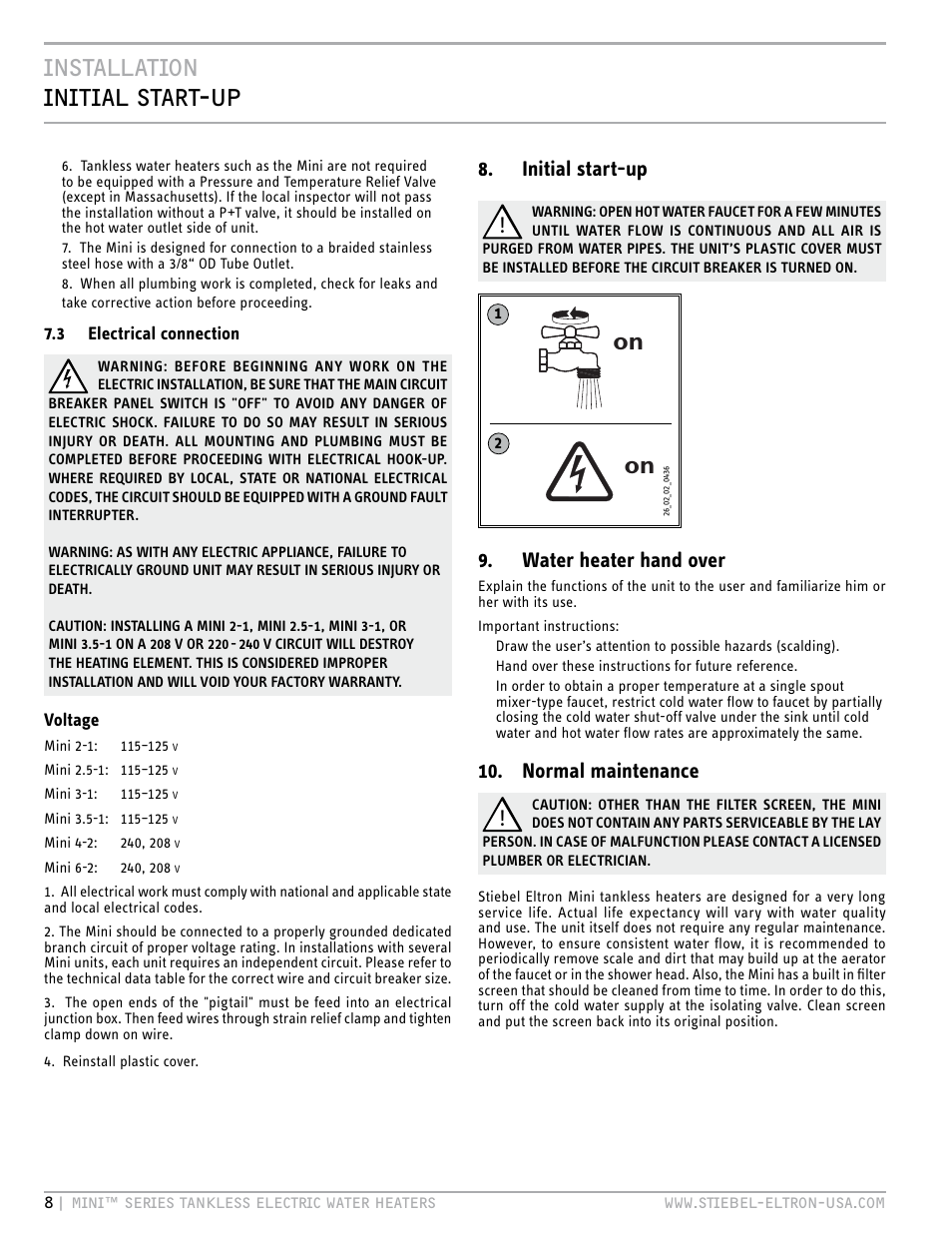 Installation initial start-up, Initial start-up, Water heater hand over | Normal maintenance | STIEBEL ELTRON MINI 6-2 User Manual | Page 8 / 32
