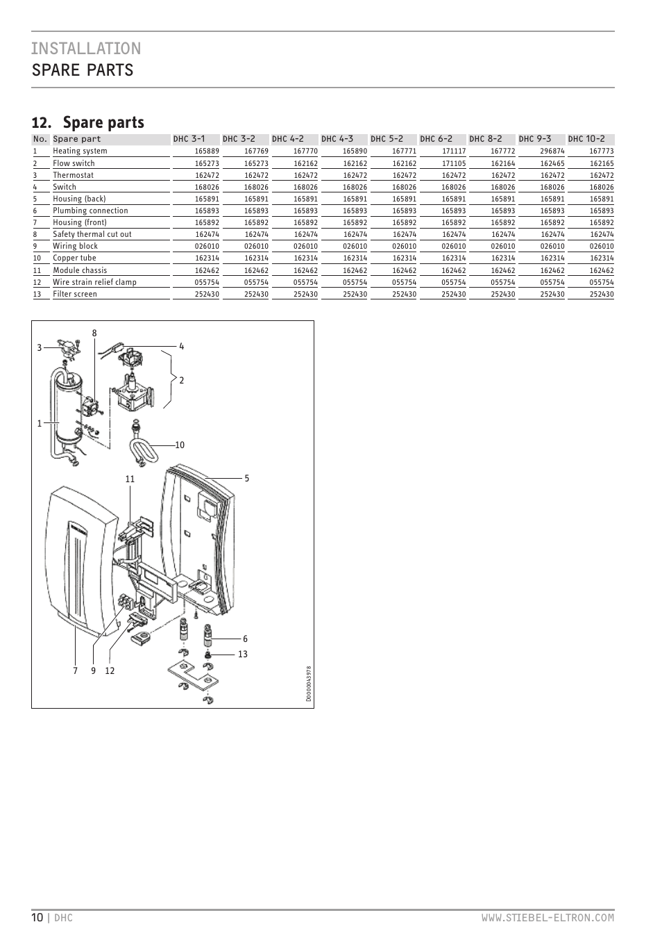 Installation spare parts 12. spare parts | STIEBEL ELTRON DHC 10-2 User Manual | Page 10 / 32