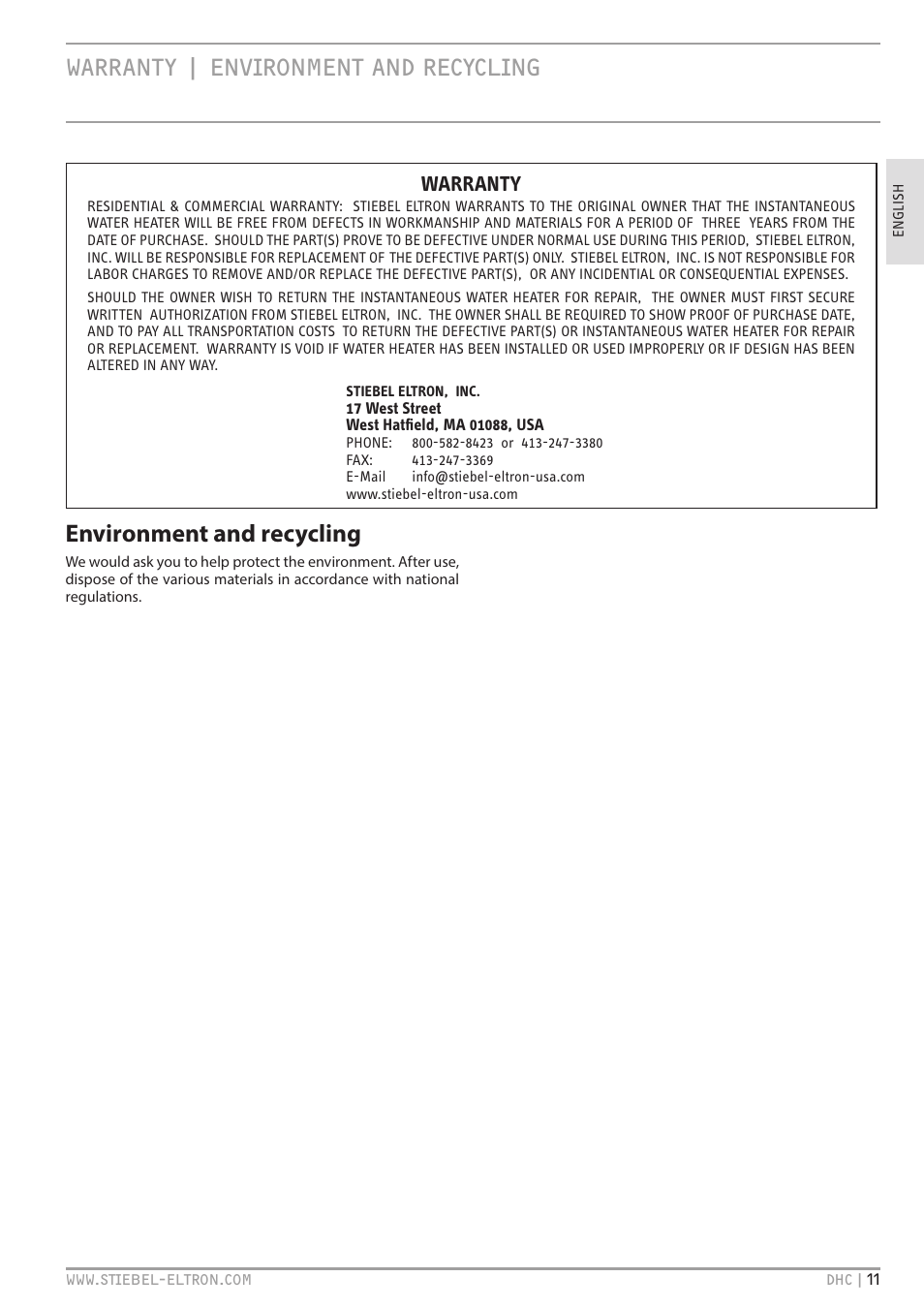 Warranty | environment and recycling, Guarantee, Environment and recycling | Warranty | STIEBEL ELTRON DHC 10-2 User Manual | Page 11 / 32