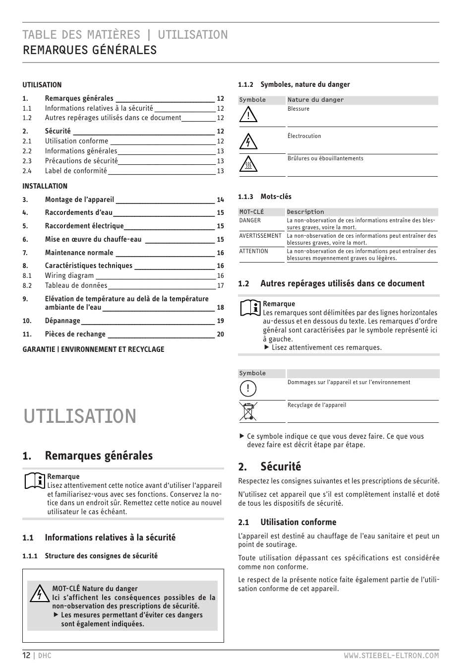 Utilisation, Remarques générales, Sécurité | STIEBEL ELTRON DHC 10-2 User Manual | Page 12 / 32