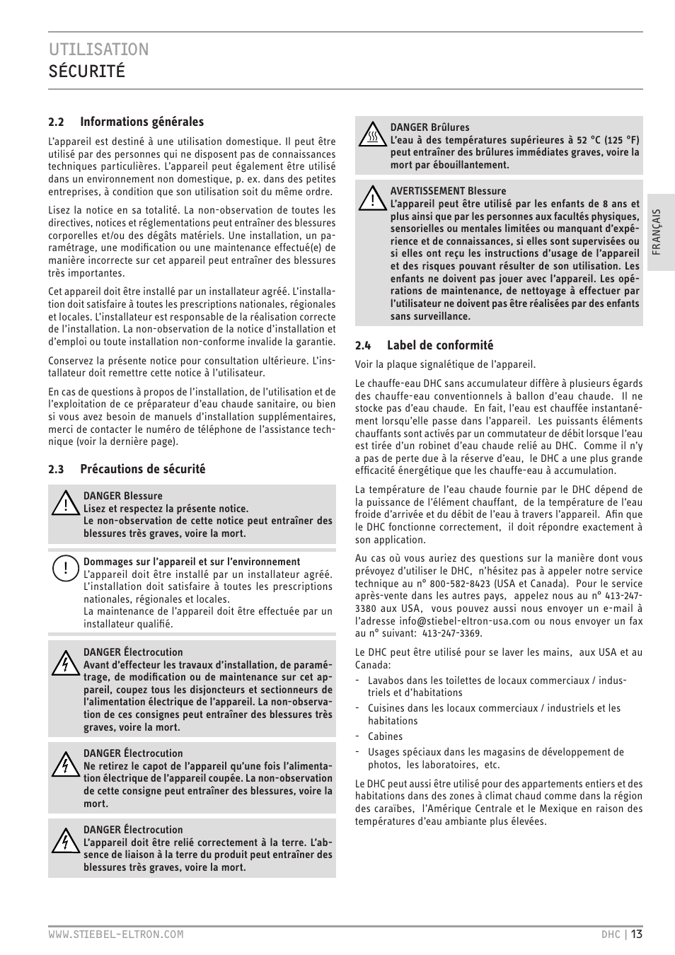 Utilisation sécurité | STIEBEL ELTRON DHC 10-2 User Manual | Page 13 / 32