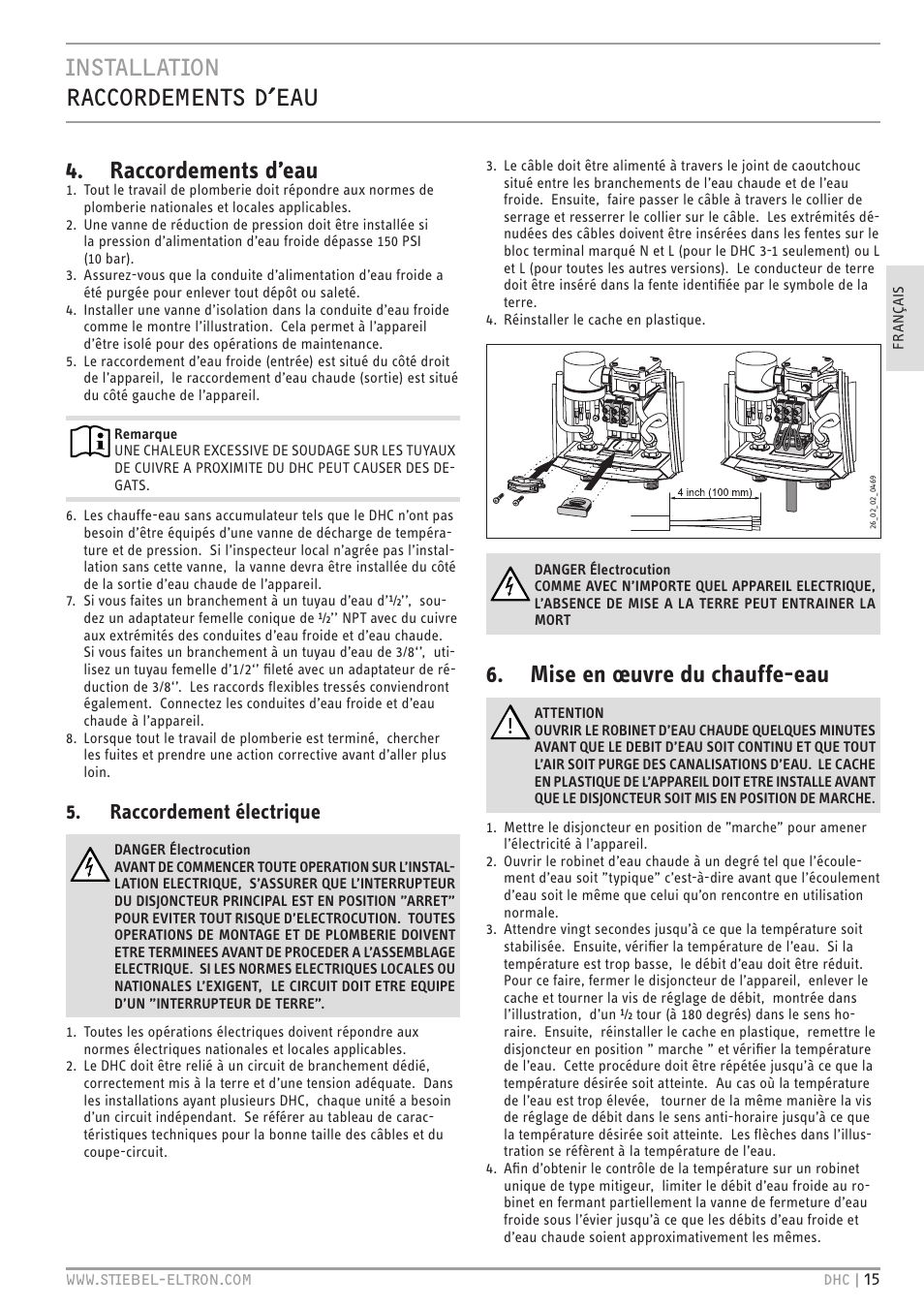 Mise en œuvre du chauffe-eau, Raccordement électrique | STIEBEL ELTRON DHC 10-2 User Manual | Page 15 / 32