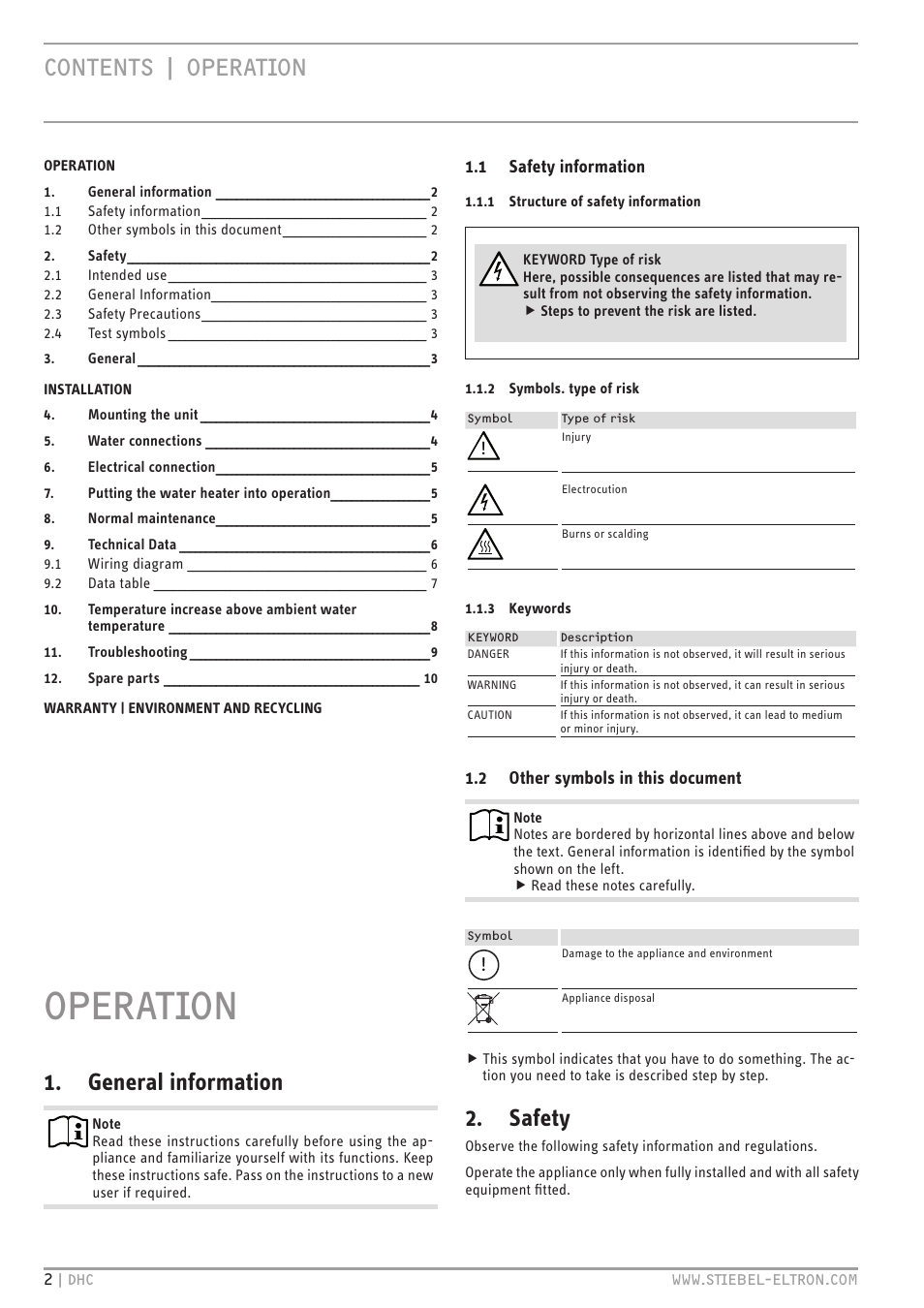 Operation, Contents | operation, General information | Safety | STIEBEL ELTRON DHC 10-2 User Manual | Page 2 / 32