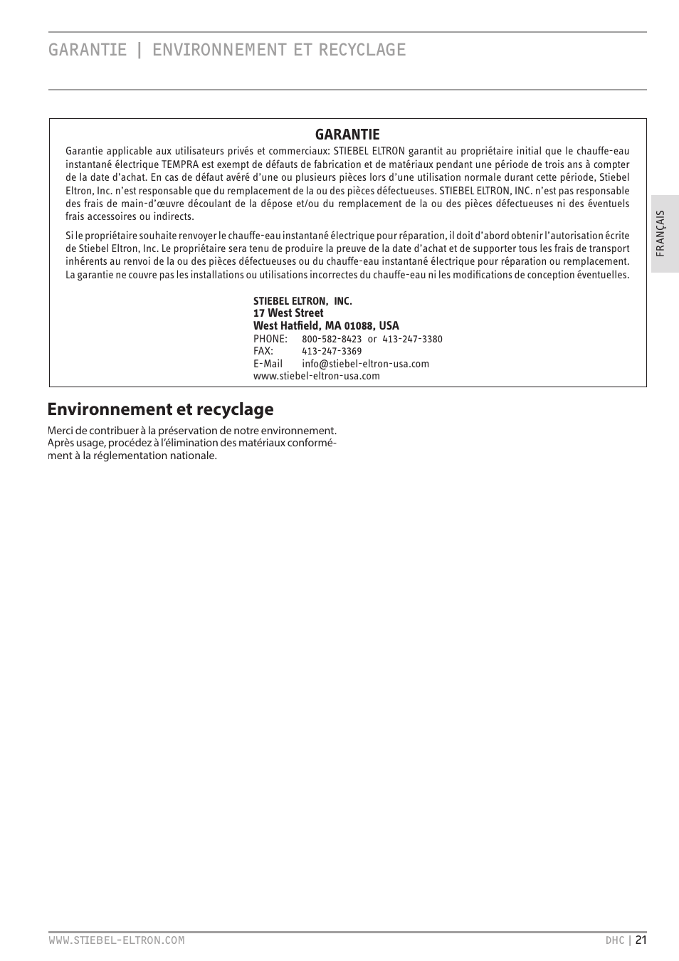 Garantie | environnement et recyclage, Environnement et recyclage, Garantie | STIEBEL ELTRON DHC 10-2 User Manual | Page 21 / 32
