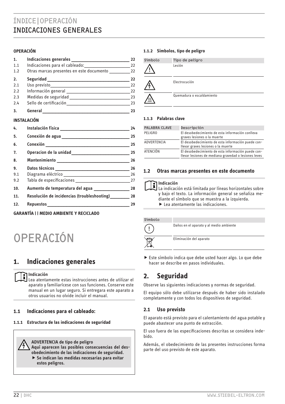 Operación, Índice|operación indicaciones generales, Seguridad | Indicaciones generales | STIEBEL ELTRON DHC 10-2 User Manual | Page 22 / 32