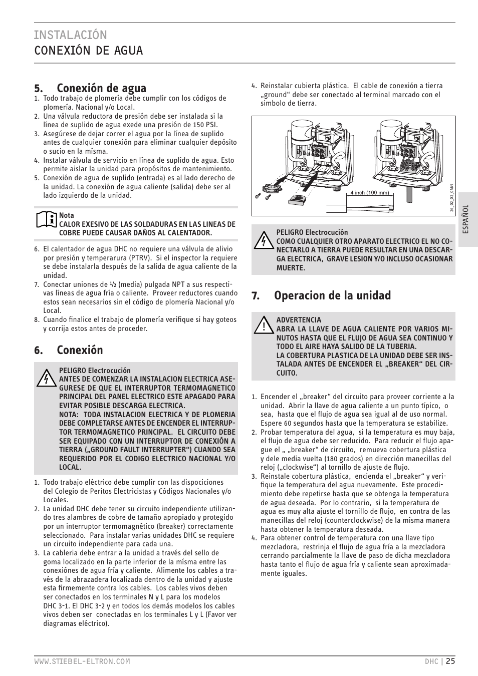 Instalación conexión de agua 5. conexión de agua, Conexión, Operacion de la unidad | STIEBEL ELTRON DHC 10-2 User Manual | Page 25 / 32