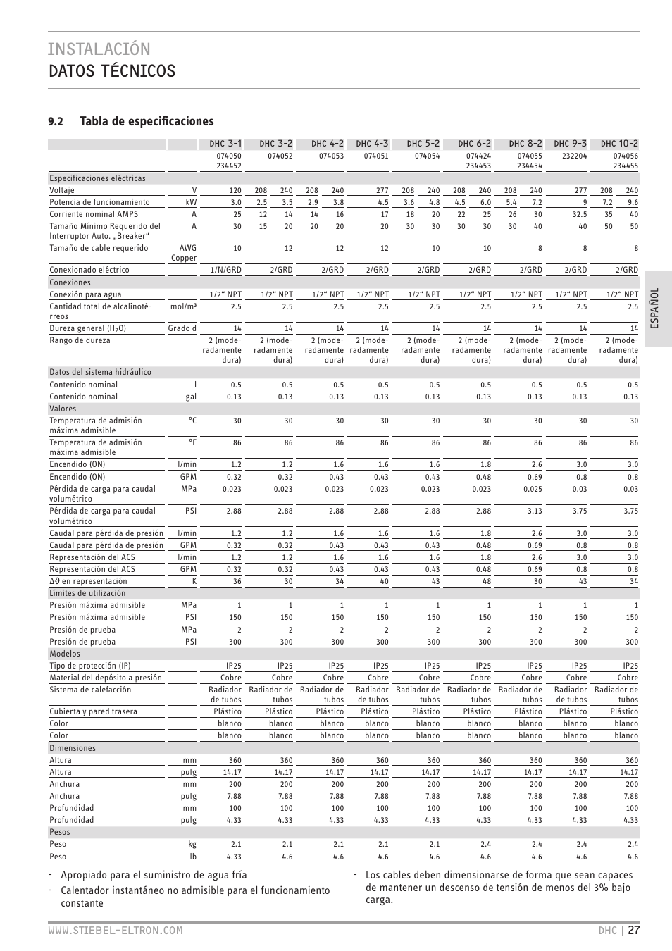 Instalación datos técnicos, 2 tabla de especificaciones | STIEBEL ELTRON DHC 10-2 User Manual | Page 27 / 32