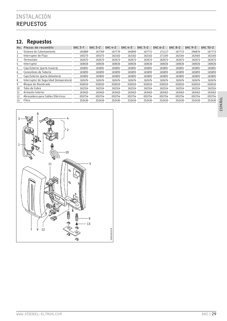 Instalación repuestos 12. repuestos | STIEBEL ELTRON DHC 10-2 User Manual | Page 29 / 32