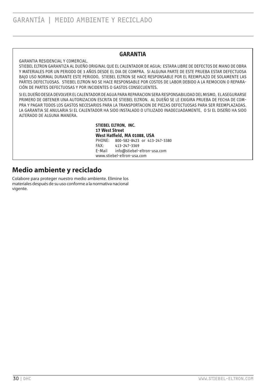 Garantía | | medio ambiente y reciclado, Garantía | medio ambiente y reciclado, Garantía | Medio ambiente y reciclado, Garantia | STIEBEL ELTRON DHC 10-2 User Manual | Page 30 / 32