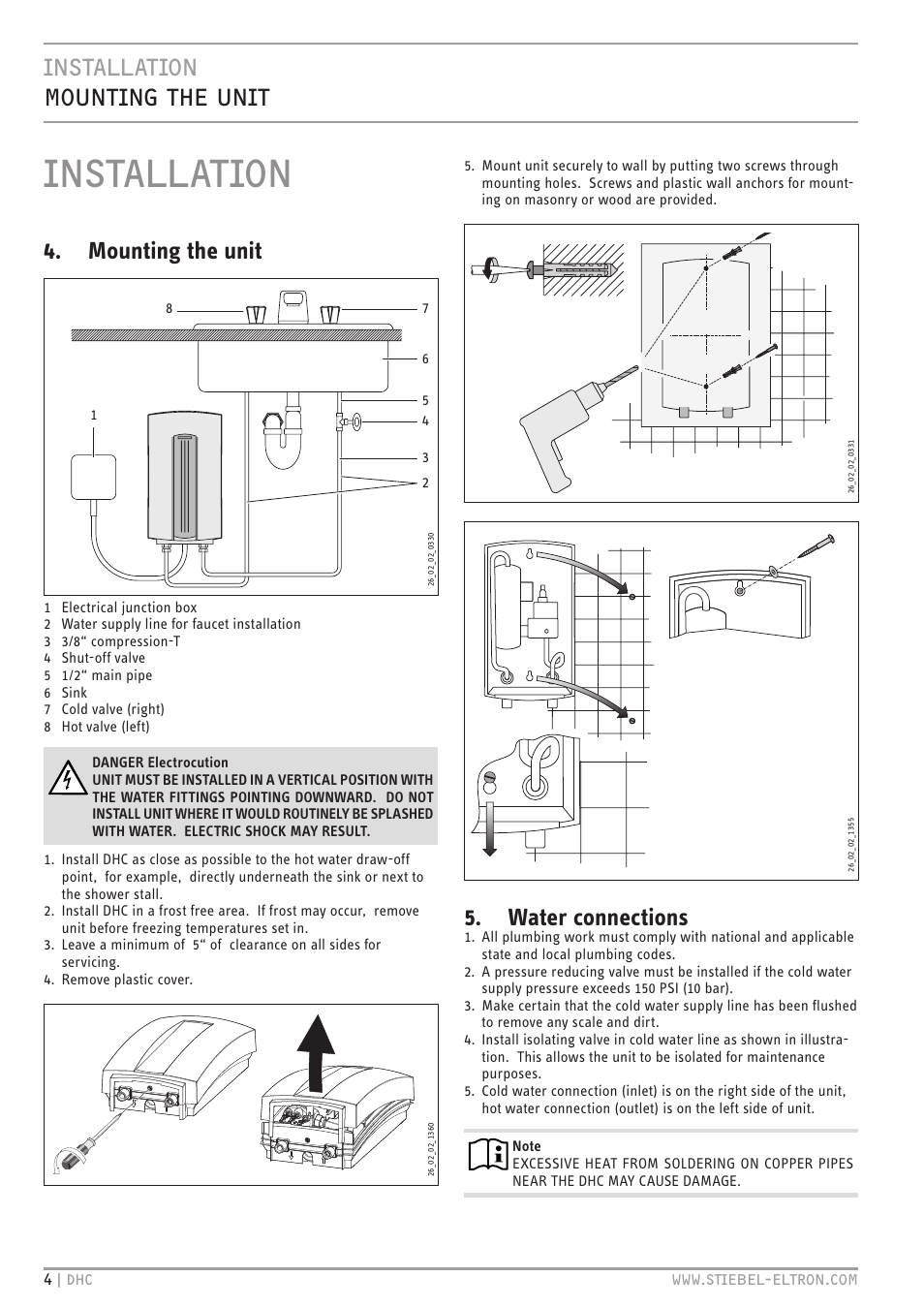 Installation, Installation mounting the unit, Mounting the unit | Water connections | STIEBEL ELTRON DHC 10-2 User Manual | Page 4 / 32