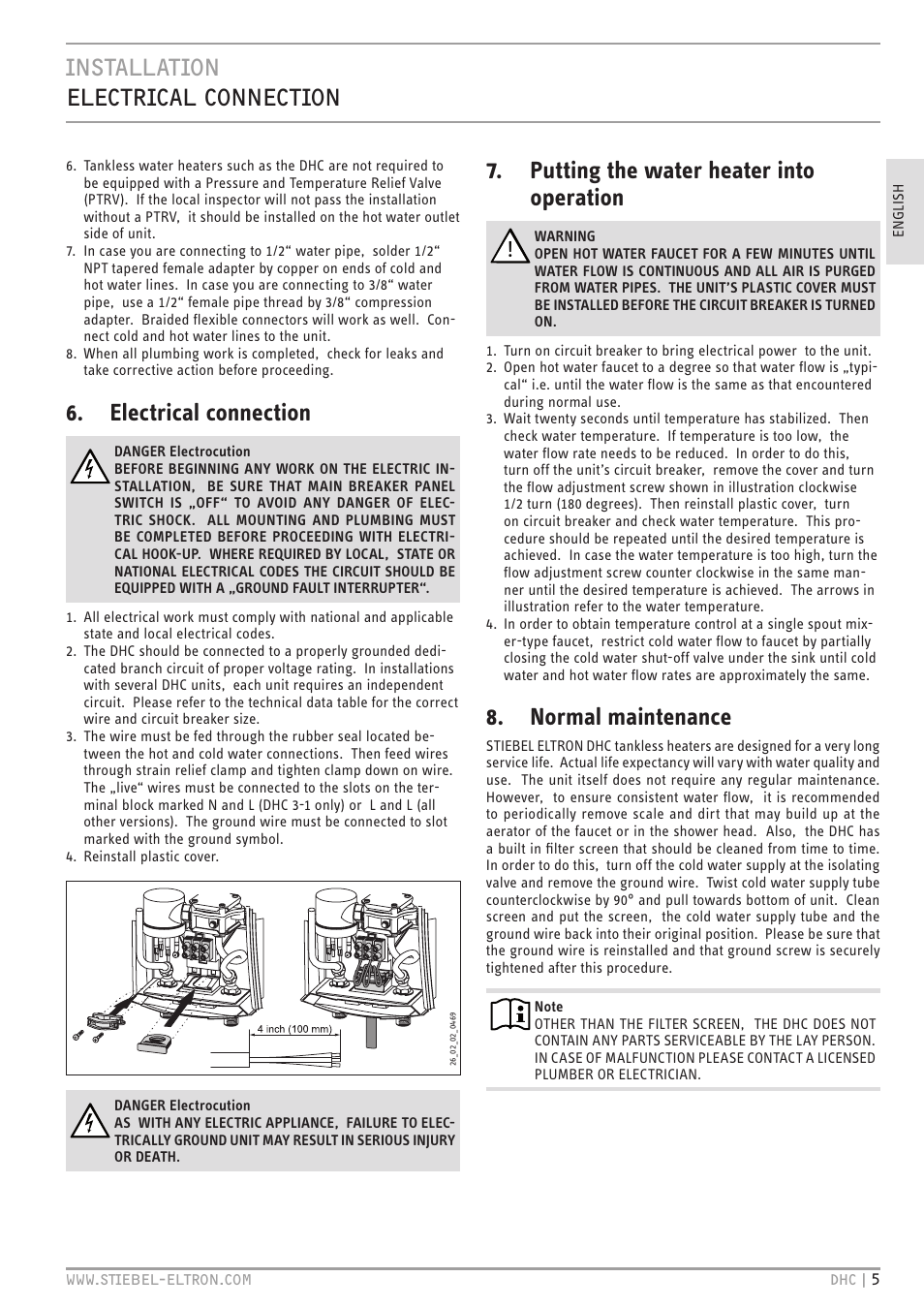 Installation electrical connection, Electrical connection, Putting the water heater into operation | Normal maintenance | STIEBEL ELTRON DHC 10-2 User Manual | Page 5 / 32