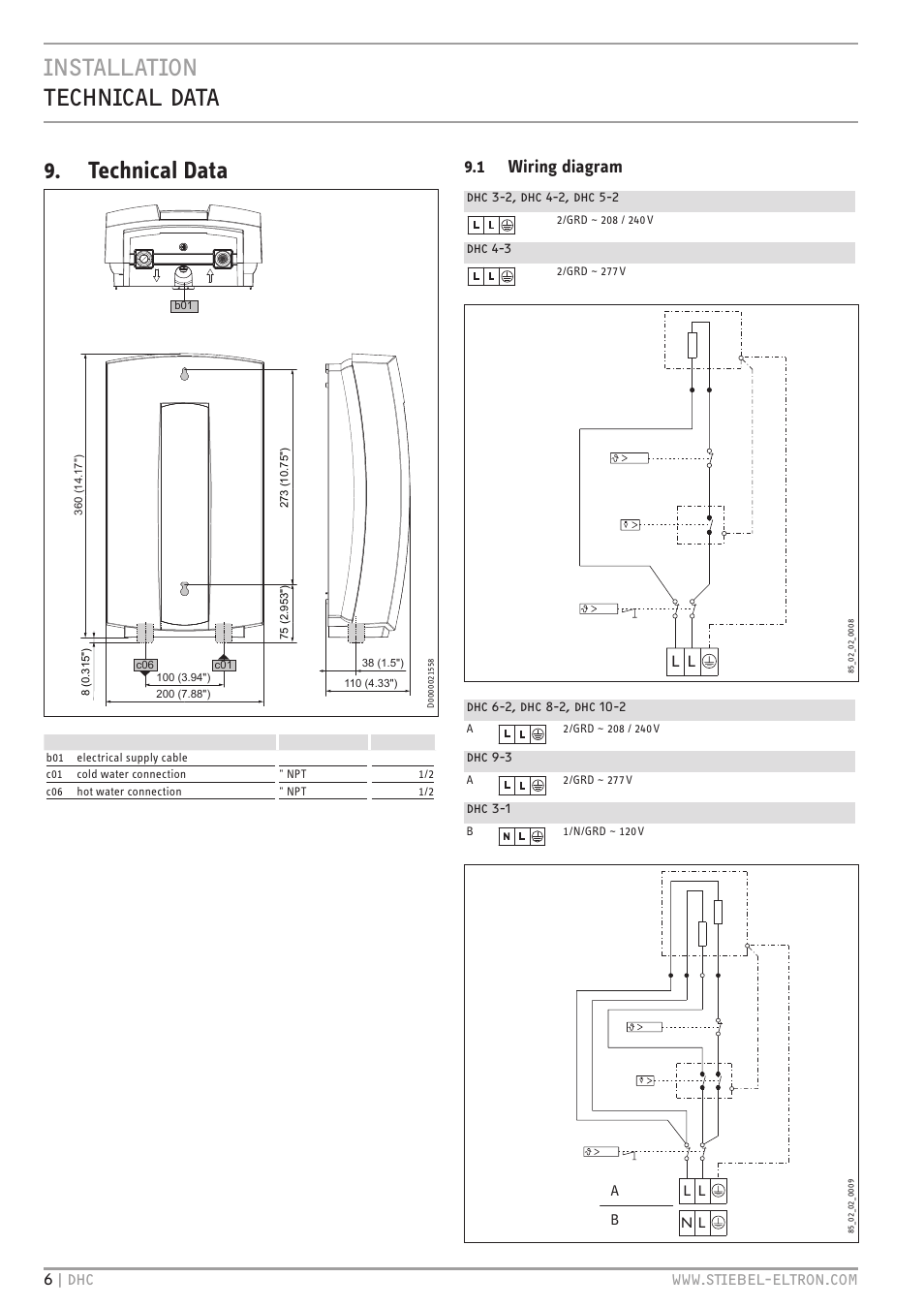 Installation technical data 9. technical data, 1 wiring diagram | STIEBEL ELTRON DHC 10-2 User Manual | Page 6 / 32