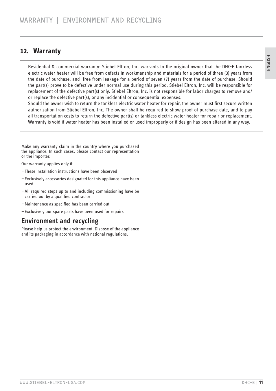 Warranty | environment and recycling, Environment and recycling, Warranty | STIEBEL ELTRON DHC-E 12 User Manual | Page 11 / 32
