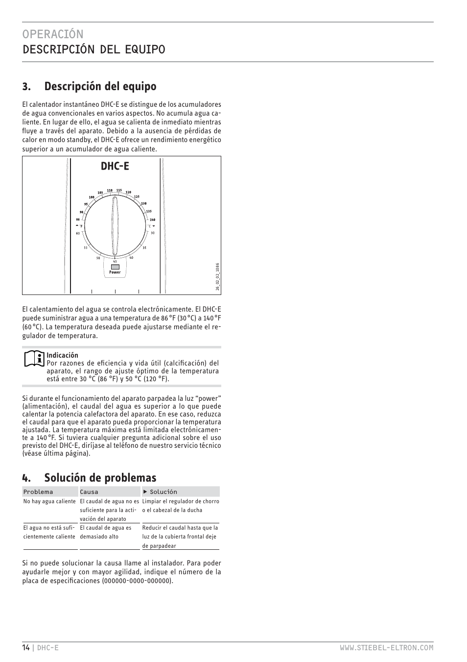 Operación descripción del equipo, Descripción del equipo, Solución de problemas | STIEBEL ELTRON DHC-E 12 User Manual | Page 14 / 32