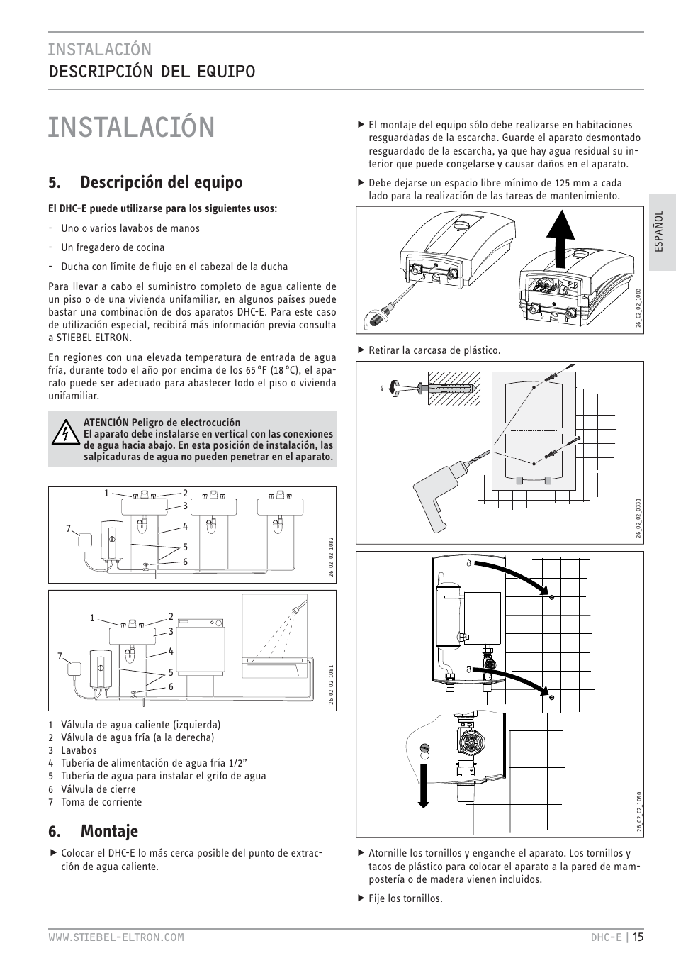 Instalación, Instalación descripción del equipo, Descripción del equipo | Montaje | STIEBEL ELTRON DHC-E 12 User Manual | Page 15 / 32