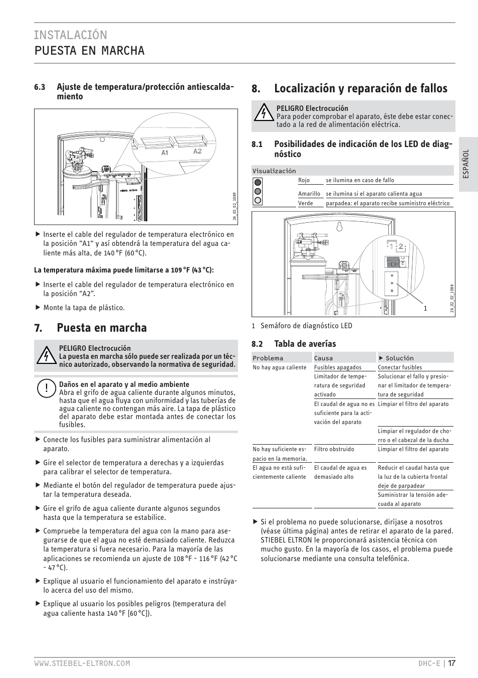 Instalación puesta en marcha, Puesta en marcha, Localización y reparación de fallos | 2 tabla de averías | STIEBEL ELTRON DHC-E 12 User Manual | Page 17 / 32