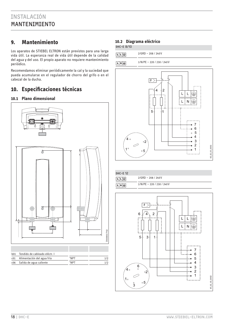 Instalación mantenimiento 9. mantenimiento, Especiﬁ caciones técnicas, 1 plano dimensional | 2 diagrama eléctrico | STIEBEL ELTRON DHC-E 12 User Manual | Page 18 / 32